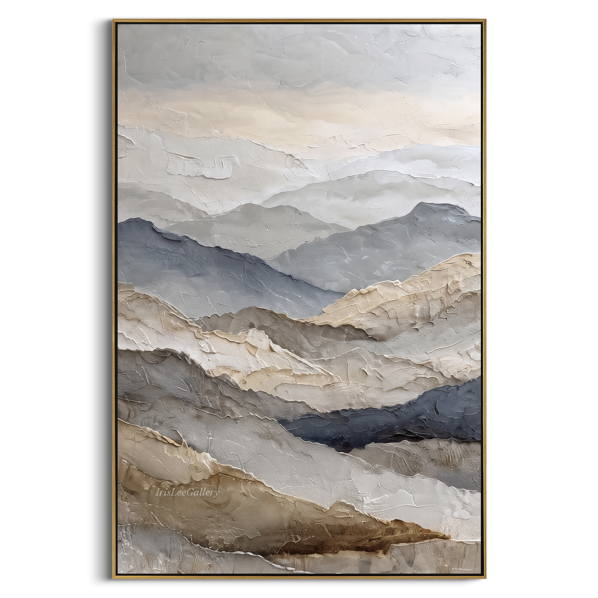 Layered Mist Mountain Relief focuses on this hand-painted textured canvas features layered landforms, mineral color transitions, raised terrain ridges, and atmospheric depth. The composition is described from the actual main image, so the visible subject, color balance, spacing, and surface movement stay specific to this product instead of reading like a batch title. Raised palette-knife layers, sculpted impasto ridges, softened brush transitions, and tactile handmade texture give the canvas