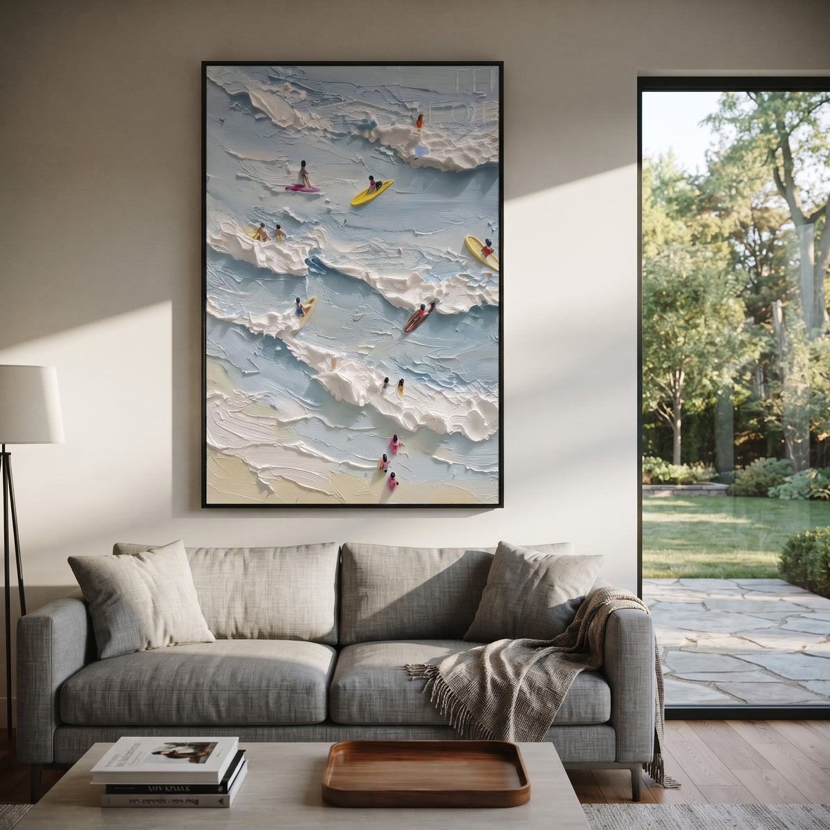 Aerial Kayak Surf Relief focuses on this hand-painted textured canvas features layered water movement, raised seafoam ridges, shoreline texture, and coastal color depth. The composition is described from the actual main image, so the visible subject, color balance, spacing, and surface movement stay specific to this product instead of reading like a batch title. Raised palette-knife layers, sculpted impasto ridges, softened brush transitions, and tactile handmade texture give the canvas