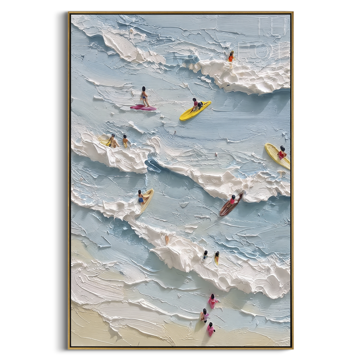 Aerial Kayak Surf Relief focuses on this hand-painted textured canvas features layered water movement, raised seafoam ridges, shoreline texture, and coastal color depth. The composition is described from the actual main image, so the visible subject, color balance, spacing, and surface movement stay specific to this product instead of reading like a batch title. Raised palette-knife layers, sculpted impasto ridges, softened brush transitions, and tactile handmade texture give the canvas