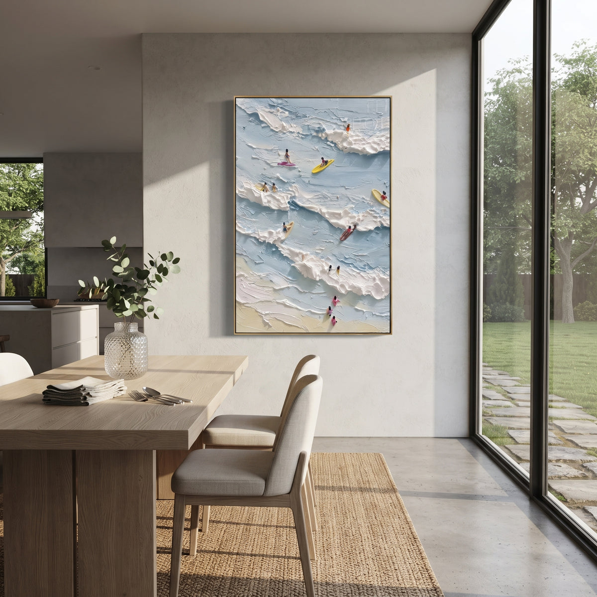 Aerial Kayak Surf Relief focuses on this hand-painted textured canvas features layered water movement, raised seafoam ridges, shoreline texture, and coastal color depth. The composition is described from the actual main image, so the visible subject, color balance, spacing, and surface movement stay specific to this product instead of reading like a batch title. Raised palette-knife layers, sculpted impasto ridges, softened brush transitions, and tactile handmade texture give the canvas