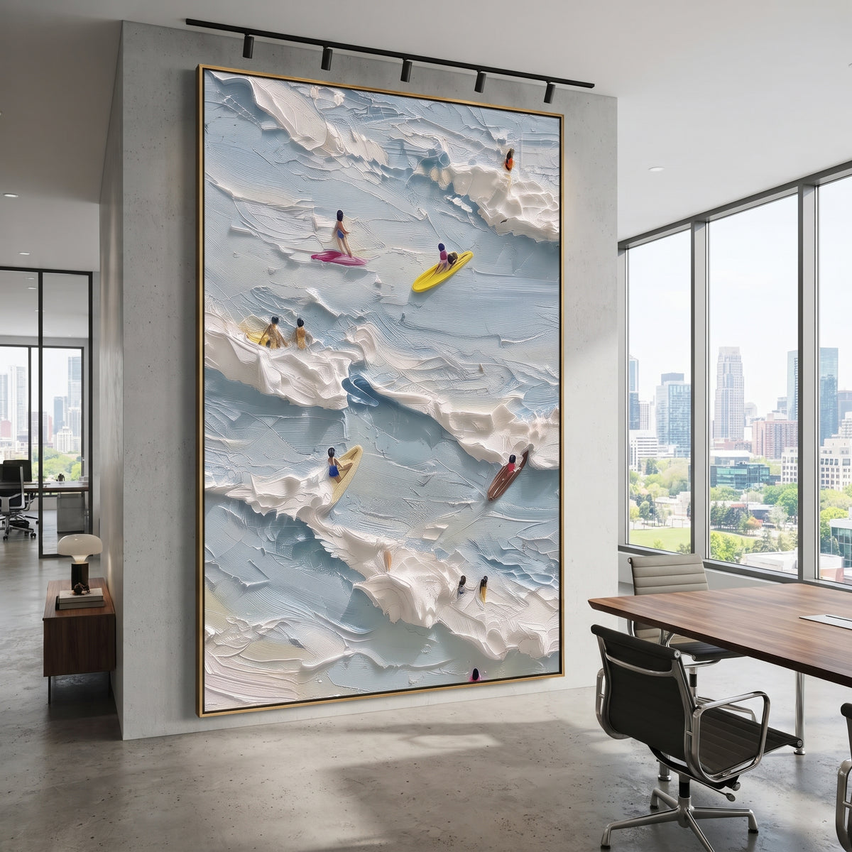 Aerial Kayak Surf Relief focuses on this hand-painted textured canvas features layered water movement, raised seafoam ridges, shoreline texture, and coastal color depth. The composition is described from the actual main image, so the visible subject, color balance, spacing, and surface movement stay specific to this product instead of reading like a batch title. Raised palette-knife layers, sculpted impasto ridges, softened brush transitions, and tactile handmade texture give the canvas