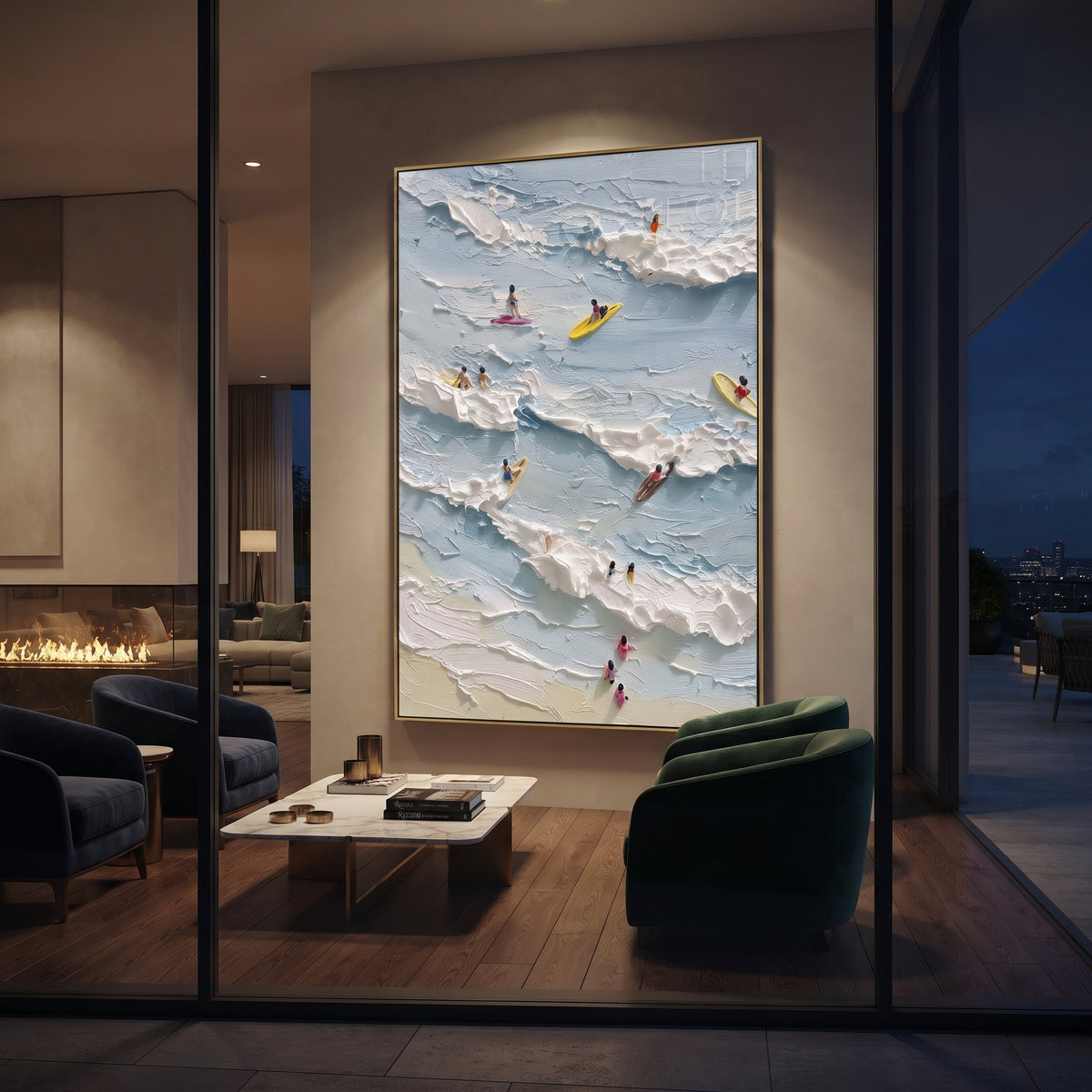 Aerial Kayak Surf Relief focuses on this hand-painted textured canvas features layered water movement, raised seafoam ridges, shoreline texture, and coastal color depth. The composition is described from the actual main image, so the visible subject, color balance, spacing, and surface movement stay specific to this product instead of reading like a batch title. Raised palette-knife layers, sculpted impasto ridges, softened brush transitions, and tactile handmade texture give the canvas