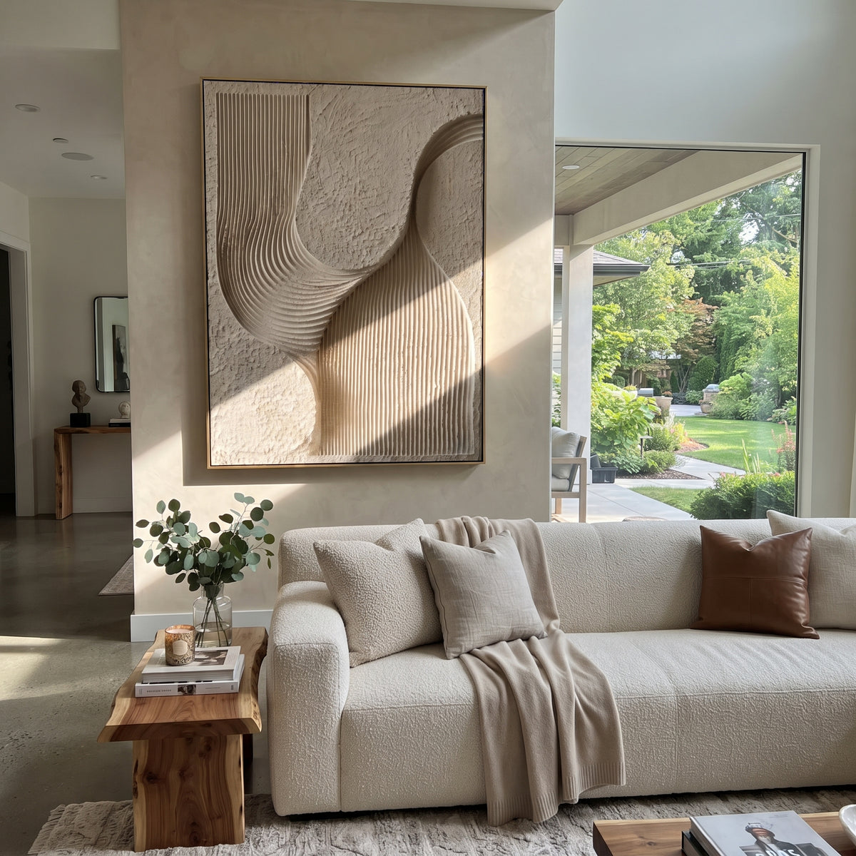 Ribbed Beige Arch Relief focuses on this hand-painted textured canvas features abstract forms, carved edges, layered plaster surfaces, and measured geometric movement. The composition is described from the actual main image, so the visible subject, color balance, spacing, and surface movement stay specific to this product instead of reading like a batch title. Raised palette-knife layers, sculpted impasto ridges, softened brush transitions, and tactile handmade texture give the canvas