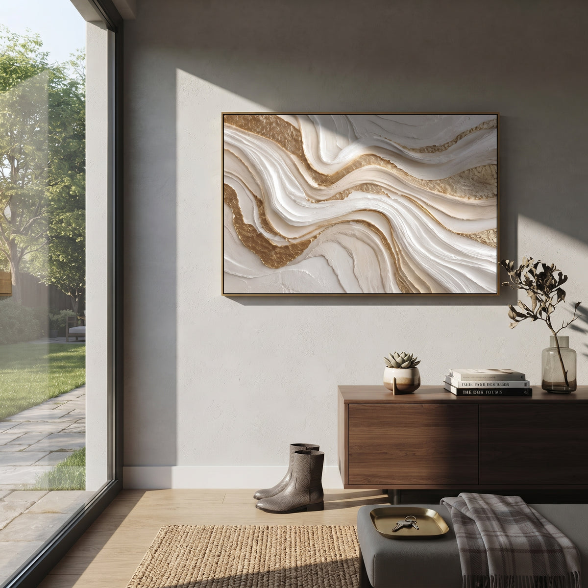 White Gold Flowing Ribbon Relief focuses on this hand-painted textured canvas features abstract forms, carved edges, layered plaster surfaces, and measured geometric movement. The composition is described from the actual main image, so the visible subject, color balance, spacing, and surface movement stay specific to this product instead of reading like a batch title. Raised palette-knife layers, sculpted impasto ridges, softened brush transitions, and tactile handmade texture give the canvas