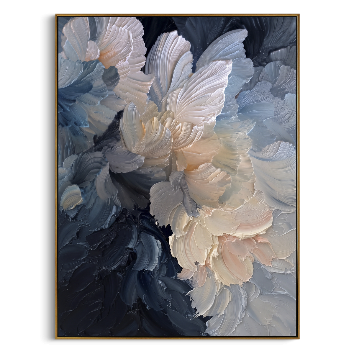 Dark Blue Peony Relief focuses on this hand-painted textured canvas features sculpted petals, botanical contours, raised floral texture, and soft organic movement. The composition is described from the actual main image, so the visible subject, color balance, spacing, and surface movement stay specific to this product instead of reading like a batch title. Raised palette-knife layers, sculpted impasto ridges, softened brush transitions, and tactile handmade texture give the canvas dimensional
