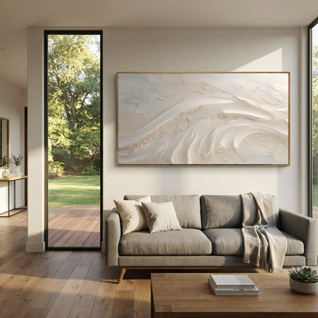 Minimal White Wave Relief focuses on this hand-painted textured canvas features layered water movement, raised seafoam ridges, shoreline texture, and coastal color depth. The composition is described from the actual main image, so the visible subject, color balance, spacing, and surface movement stay specific to this product instead of reading like a batch title. Raised palette-knife layers, sculpted impasto ridges, softened brush transitions, and tactile handmade texture give the canvas