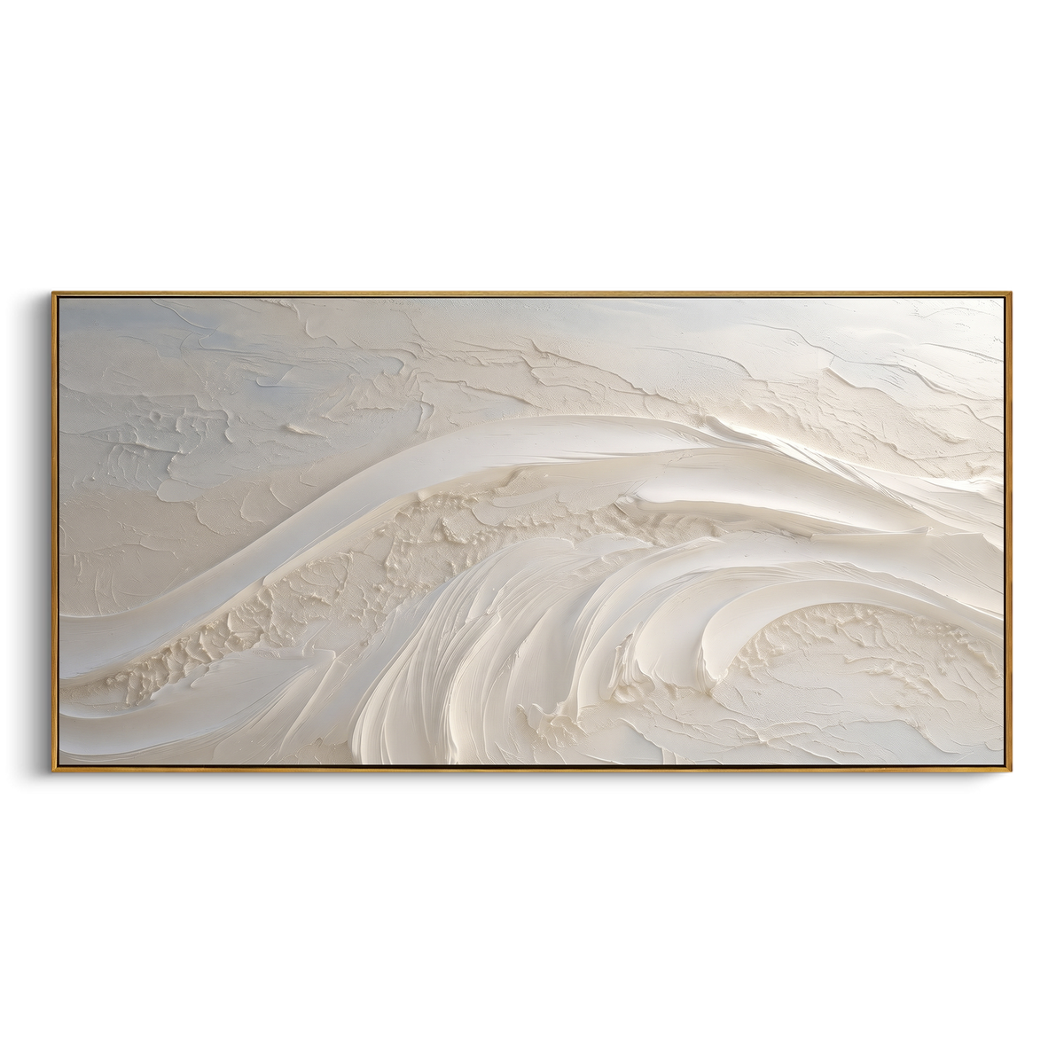 Minimal White Wave Relief focuses on this hand-painted textured canvas features layered water movement, raised seafoam ridges, shoreline texture, and coastal color depth. The composition is described from the actual main image, so the visible subject, color balance, spacing, and surface movement stay specific to this product instead of reading like a batch title. Raised palette-knife layers, sculpted impasto ridges, softened brush transitions, and tactile handmade texture give the canvas