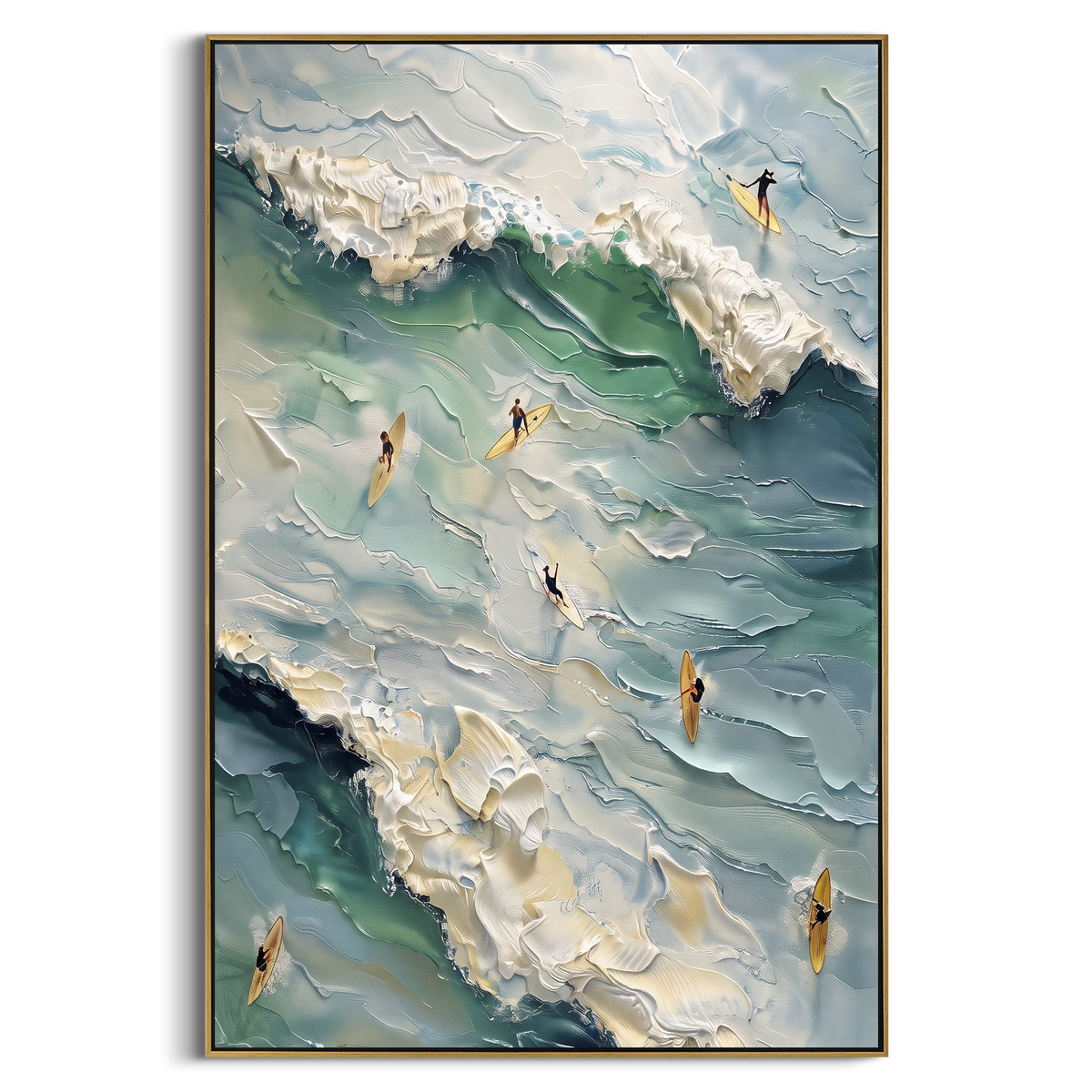 Aerial Surfer Wave Relief focuses on this hand-painted textured canvas features layered water movement, raised seafoam ridges, shoreline texture, and coastal color depth. The composition is described from the actual main image, so the visible subject, color balance, spacing, and surface movement stay specific to this product instead of reading like a batch title. Raised palette-knife layers, sculpted impasto ridges, softened brush transitions, and tactile handmade texture give the canvas