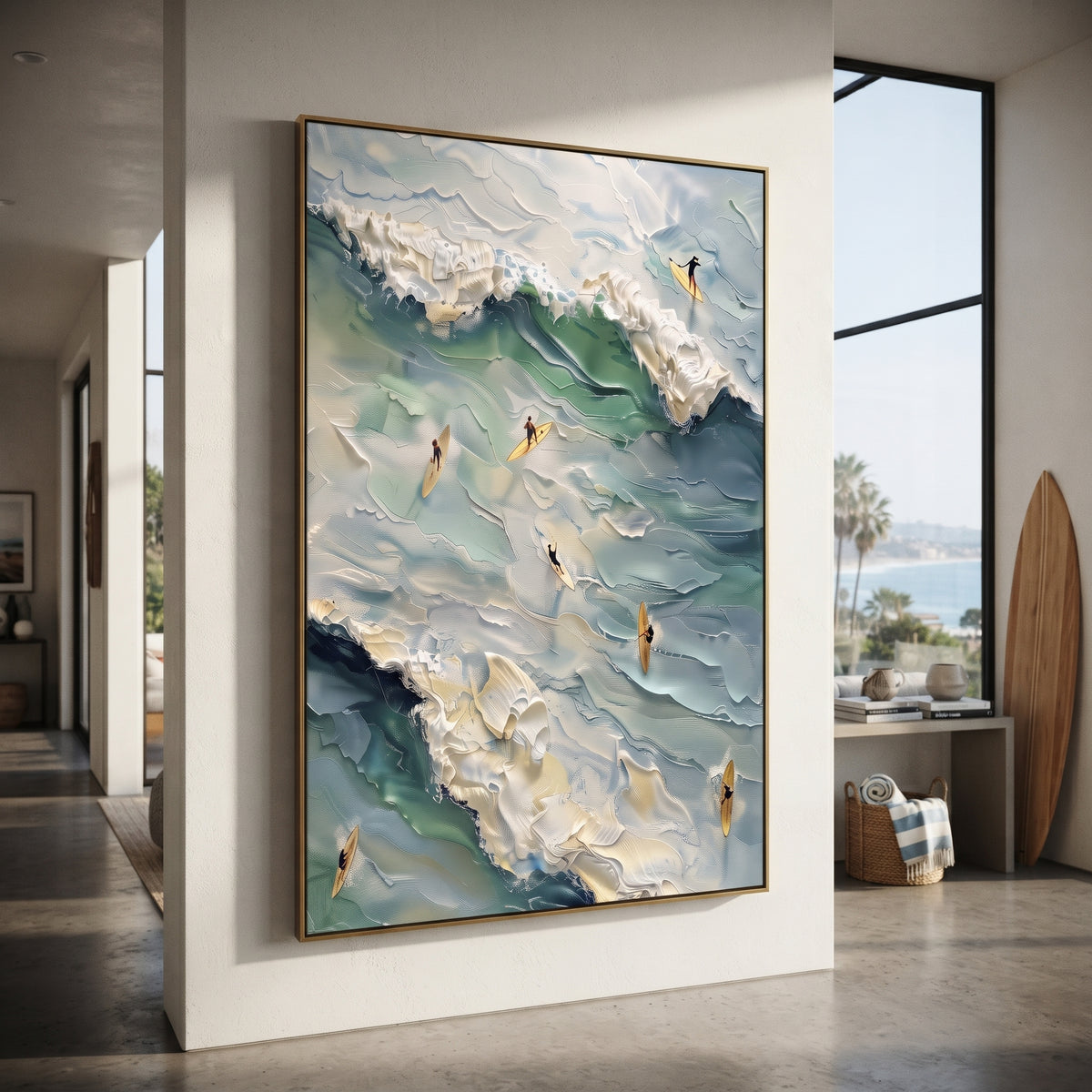Aerial Surfer Wave Relief focuses on this hand-painted textured canvas features layered water movement, raised seafoam ridges, shoreline texture, and coastal color depth. The composition is described from the actual main image, so the visible subject, color balance, spacing, and surface movement stay specific to this product instead of reading like a batch title. Raised palette-knife layers, sculpted impasto ridges, softened brush transitions, and tactile handmade texture give the canvas