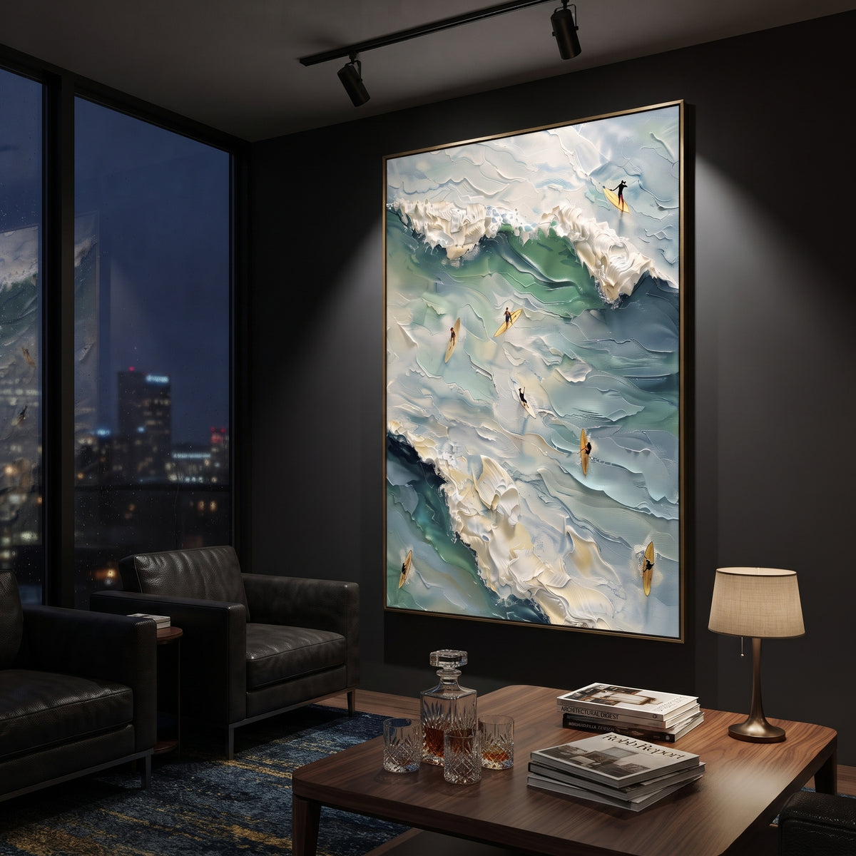 Aerial Surfer Wave Relief focuses on this hand-painted textured canvas features layered water movement, raised seafoam ridges, shoreline texture, and coastal color depth. The composition is described from the actual main image, so the visible subject, color balance, spacing, and surface movement stay specific to this product instead of reading like a batch title. Raised palette-knife layers, sculpted impasto ridges, softened brush transitions, and tactile handmade texture give the canvas