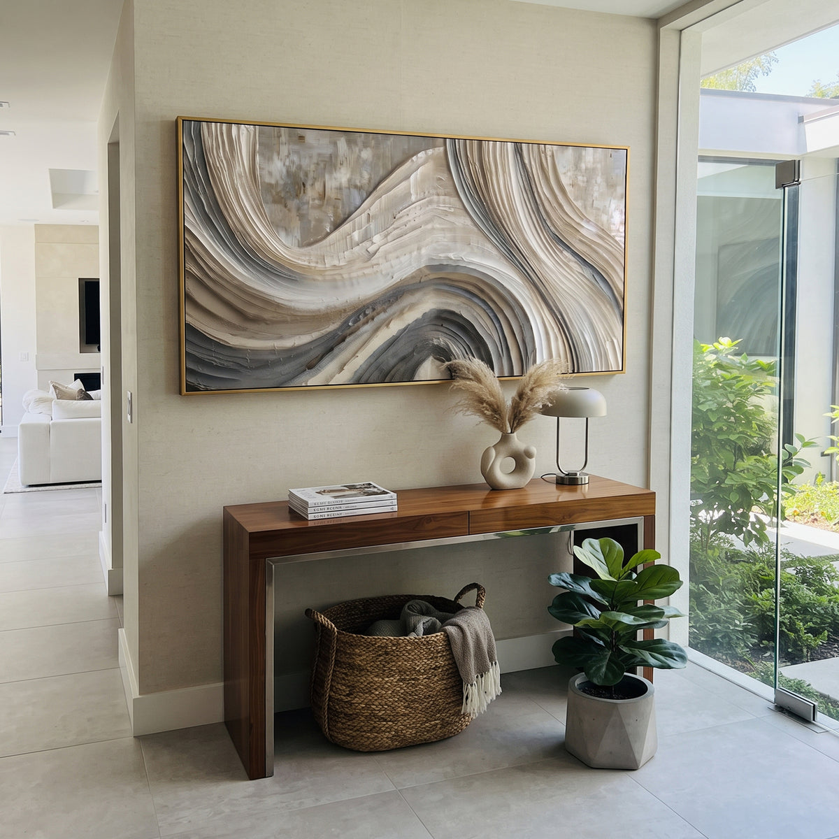 Grey White Marble Flow Relief focuses on this hand-painted textured canvas features abstract forms, carved edges, layered plaster surfaces, and measured geometric movement. The composition is described from the actual main image, so the visible subject, color balance, spacing, and surface movement stay specific to this product instead of reading like a batch title. Raised palette-knife layers, sculpted impasto ridges, softened brush transitions, and tactile handmade texture give the canvas