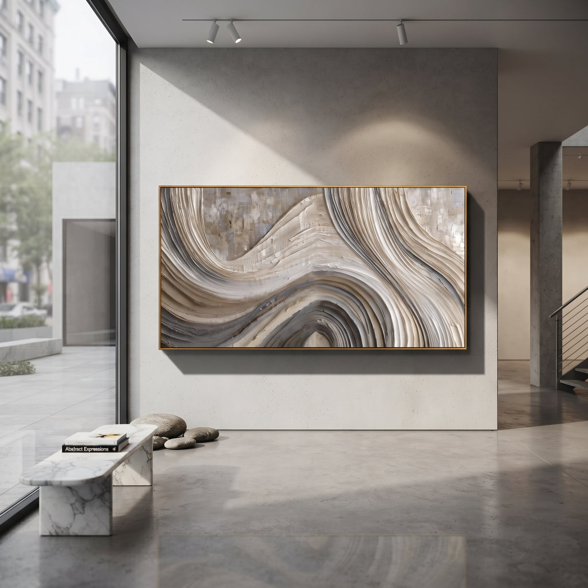 Grey White Marble Flow Relief focuses on this hand-painted textured canvas features abstract forms, carved edges, layered plaster surfaces, and measured geometric movement. The composition is described from the actual main image, so the visible subject, color balance, spacing, and surface movement stay specific to this product instead of reading like a batch title. Raised palette-knife layers, sculpted impasto ridges, softened brush transitions, and tactile handmade texture give the canvas