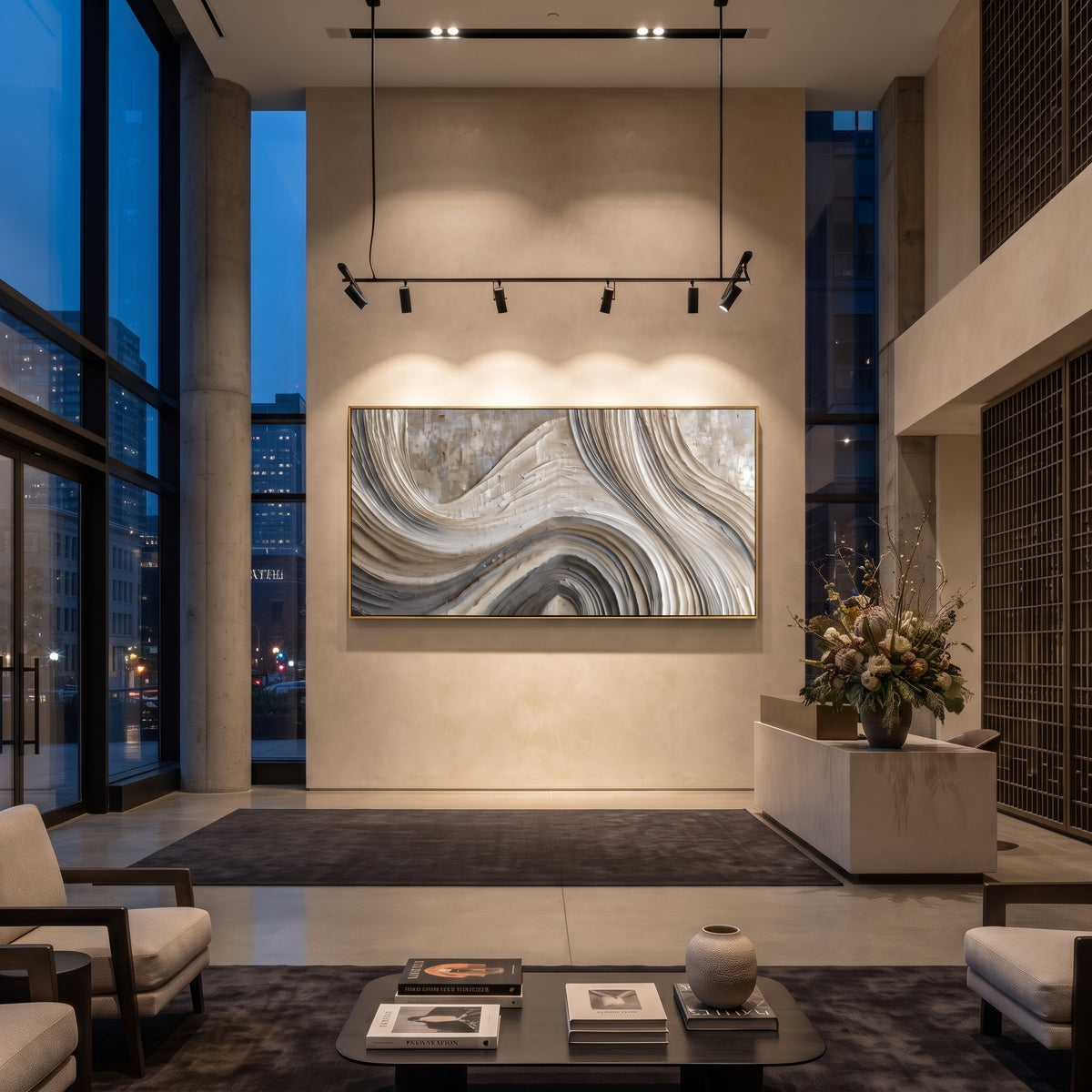 Grey White Marble Flow Relief focuses on this hand-painted textured canvas features abstract forms, carved edges, layered plaster surfaces, and measured geometric movement. The composition is described from the actual main image, so the visible subject, color balance, spacing, and surface movement stay specific to this product instead of reading like a batch title. Raised palette-knife layers, sculpted impasto ridges, softened brush transitions, and tactile handmade texture give the canvas