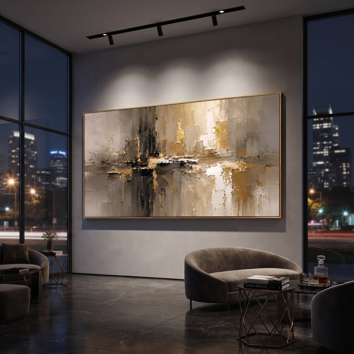 Gold Black Abstract Shoreline focuses on this hand-painted textured canvas features layered water movement, raised seafoam ridges, shoreline texture, and coastal color depth. The composition is described from the actual main image, so the visible subject, color balance, spacing, and surface movement stay specific to this product instead of reading like a batch title. Raised palette-knife layers, sculpted impasto ridges, softened brush transitions, and tactile handmade texture give the canvas