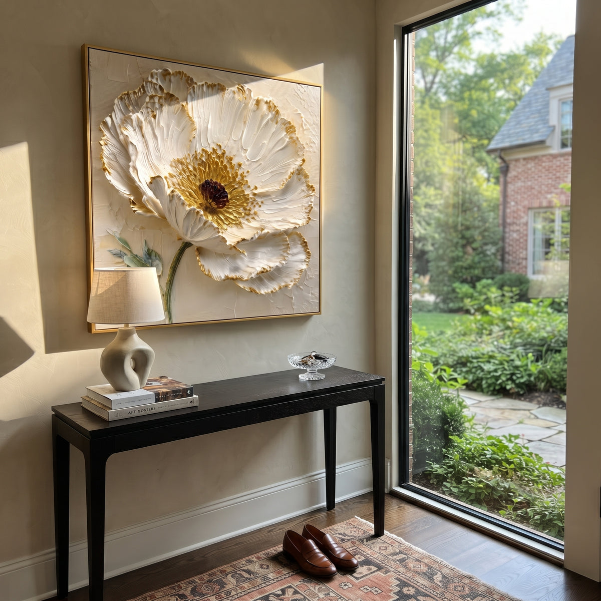 White Anemone Flower Relief focuses on this hand-painted textured canvas features sculpted petals, botanical contours, raised floral texture, and soft organic movement. The composition is described from the actual main image, so the visible subject, color balance, spacing, and surface movement stay specific to this product instead of reading like a batch title. Raised palette-knife layers, sculpted impasto ridges, softened brush transitions, and tactile handmade texture give the canvas