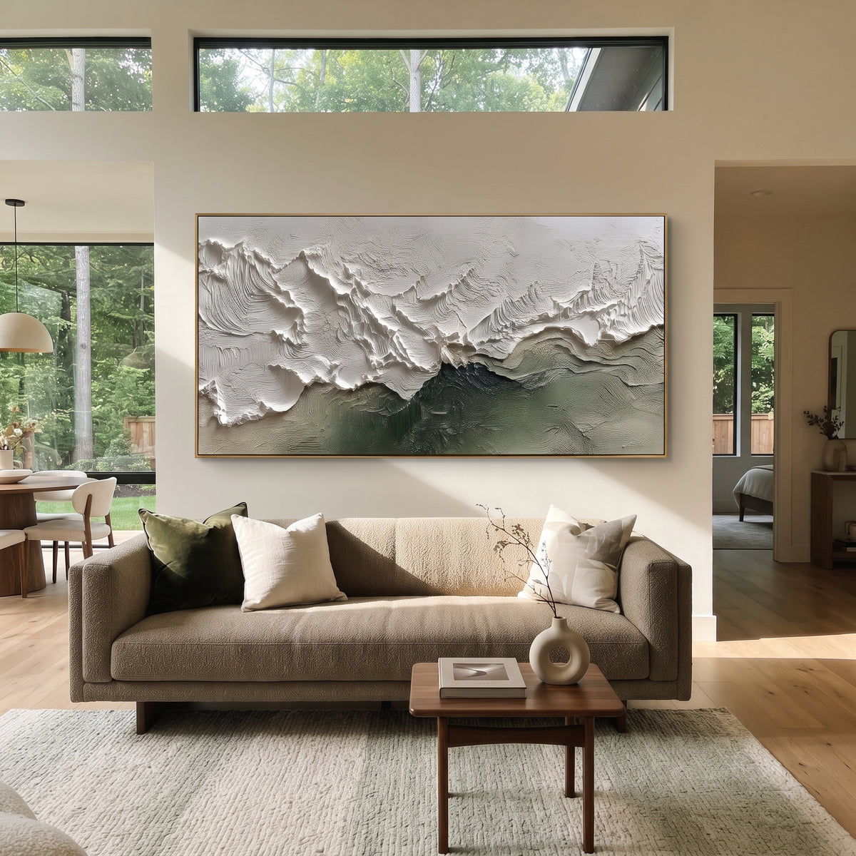 Green Ridge Wave Relief focuses on this hand-painted textured canvas features layered water movement, raised seafoam ridges, shoreline texture, and coastal color depth. The composition is described from the actual main image, so the visible subject, color balance, spacing, and surface movement stay specific to this product instead of reading like a batch title. Raised palette-knife layers, sculpted impasto ridges, softened brush transitions, and tactile handmade texture give the canvas