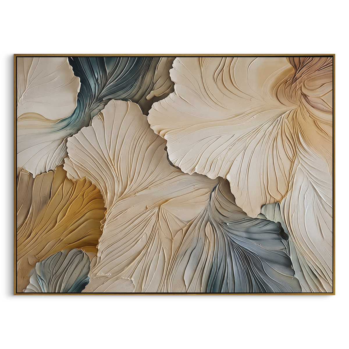 Cream Ginkgo Petal Relief focuses on this hand-painted textured canvas features sculpted petals, botanical contours, raised floral texture, and soft organic movement. The composition is described from the actual main image, so the visible subject, color balance, spacing, and surface movement stay specific to this product instead of reading like a batch title. Raised palette-knife layers, sculpted impasto ridges, softened brush transitions, and tactile handmade texture give the canvas dimensional