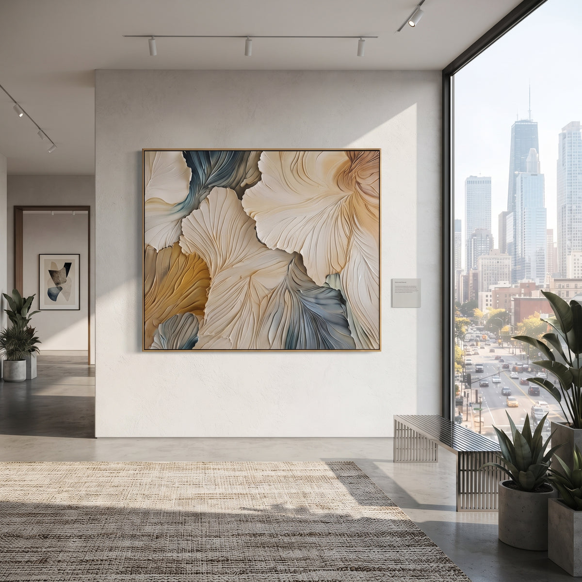 Cream Ginkgo Petal Relief focuses on this hand-painted textured canvas features sculpted petals, botanical contours, raised floral texture, and soft organic movement. The composition is described from the actual main image, so the visible subject, color balance, spacing, and surface movement stay specific to this product instead of reading like a batch title. Raised palette-knife layers, sculpted impasto ridges, softened brush transitions, and tactile handmade texture give the canvas dimensional