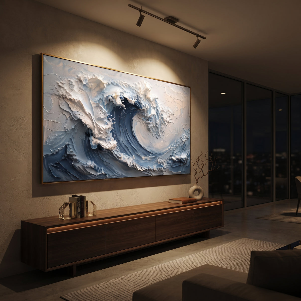 Deep Blue Crashing Wave focuses on this hand-painted textured canvas features layered water movement, raised seafoam ridges, shoreline texture, and coastal color depth. The composition is described from the actual main image, so the visible subject, color balance, spacing, and surface movement stay specific to this product instead of reading like a batch title. Raised palette-knife layers, sculpted impasto ridges, softened brush transitions, and tactile handmade texture give the canvas
