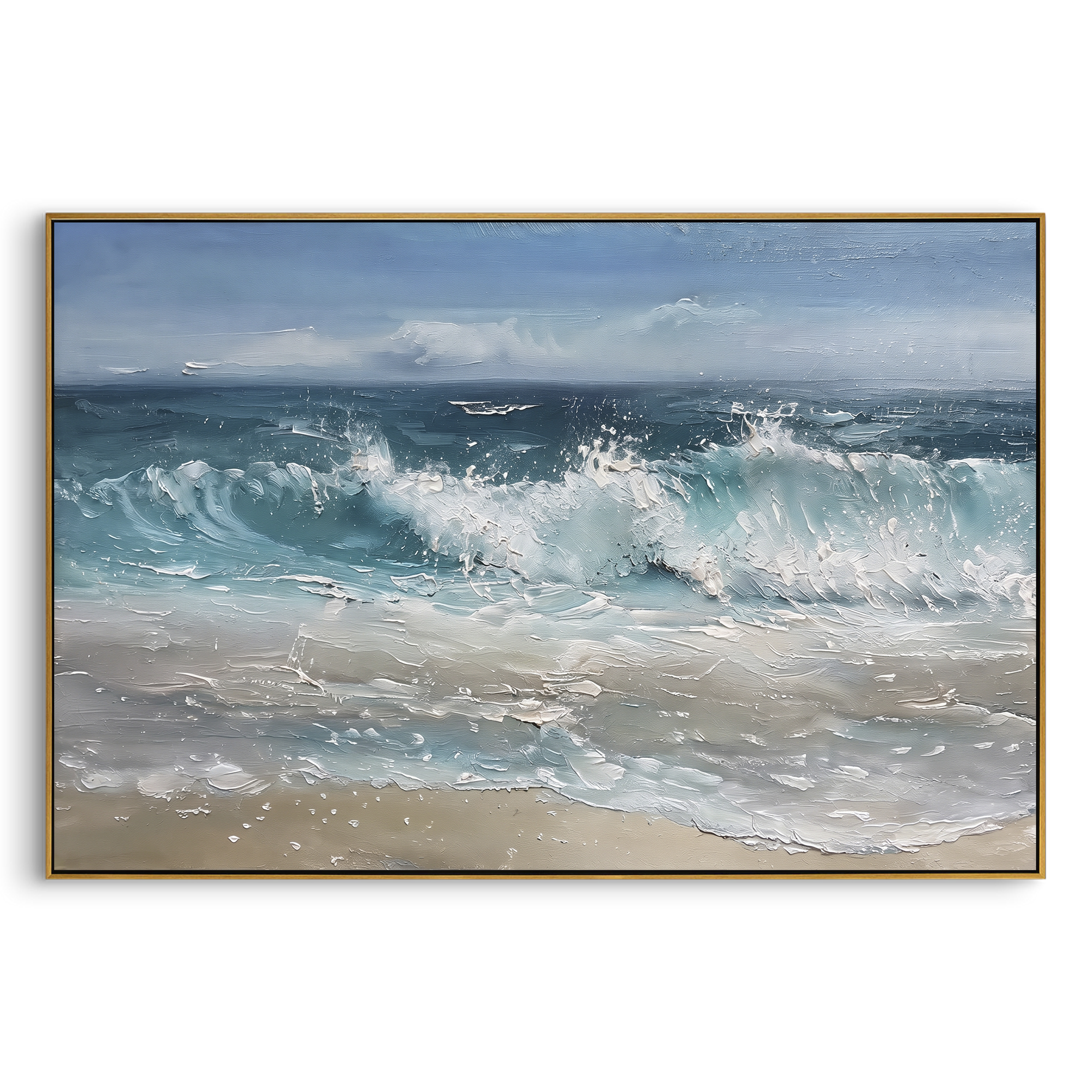 Blue Grey Rolling Surf focuses on this hand-painted textured canvas features layered water movement, raised seafoam ridges, shoreline texture, and coastal color depth. The composition is described from the actual main image, so the visible subject, color balance, spacing, and surface movement stay specific to this product instead of reading like a batch title. Raised palette-knife layers, sculpted impasto ridges, softened brush transitions, and tactile handmade texture give the canvas