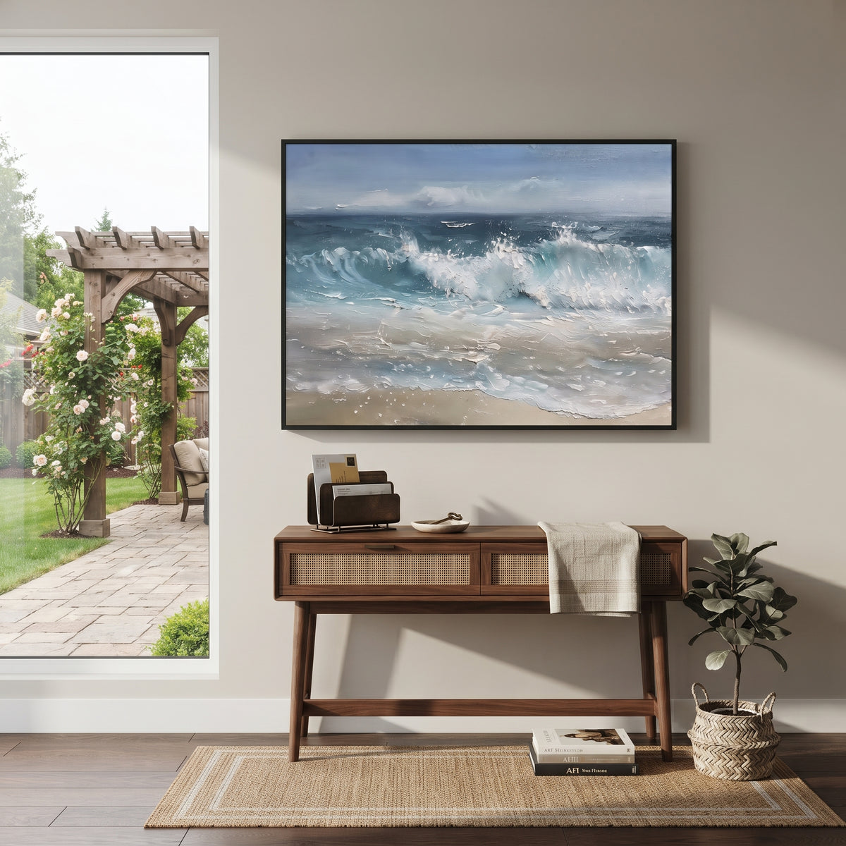Blue Grey Rolling Surf focuses on this hand-painted textured canvas features layered water movement, raised seafoam ridges, shoreline texture, and coastal color depth. The composition is described from the actual main image, so the visible subject, color balance, spacing, and surface movement stay specific to this product instead of reading like a batch title. Raised palette-knife layers, sculpted impasto ridges, softened brush transitions, and tactile handmade texture give the canvas