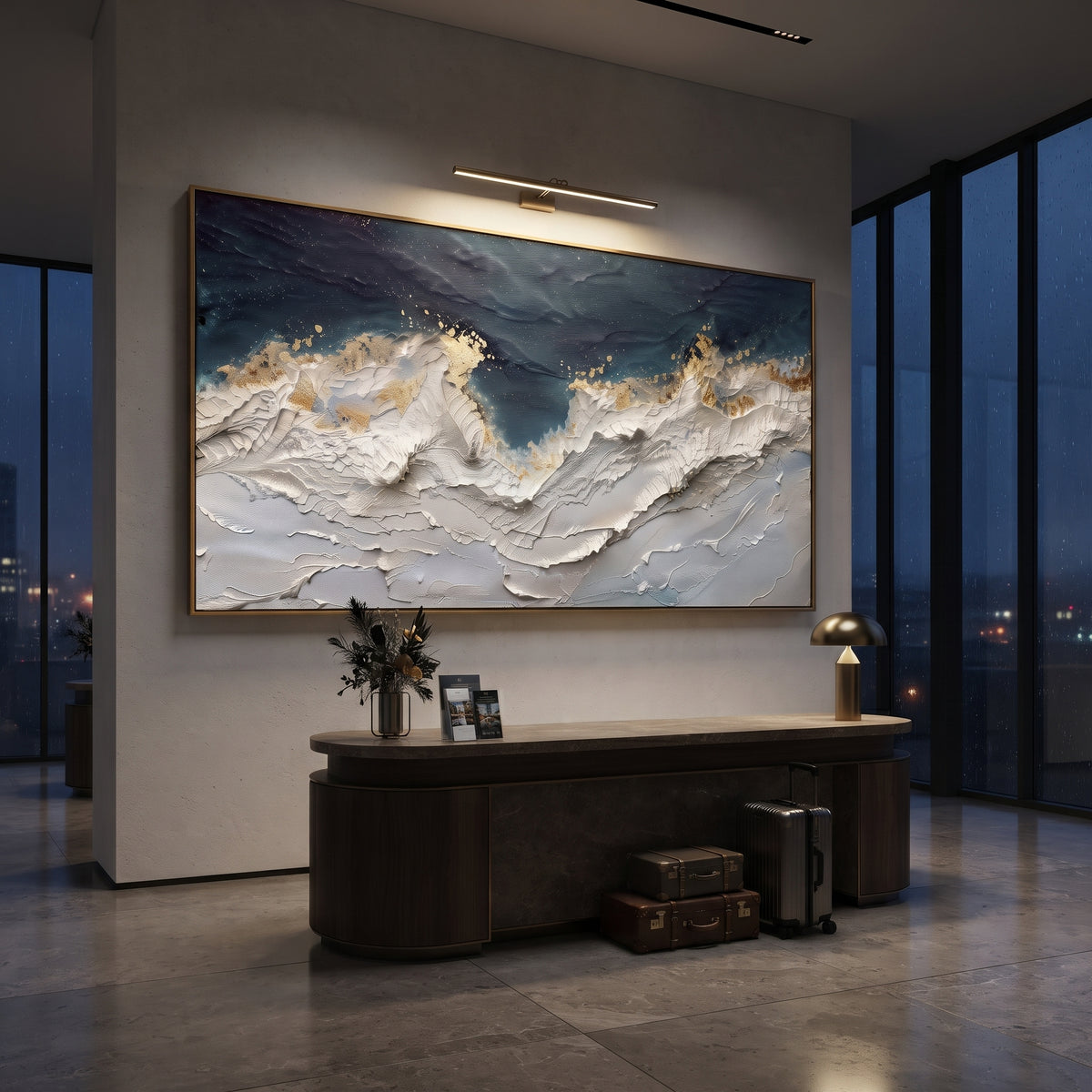 Dark Navy Gold Wave Relief focuses on this hand-painted textured canvas features layered water movement, raised seafoam ridges, shoreline texture, and coastal color depth. The composition is described from the actual main image, so the visible subject, color balance, spacing, and surface movement stay specific to this product instead of reading like a batch title. Raised palette-knife layers, sculpted impasto ridges, softened brush transitions, and tactile handmade texture give the canvas