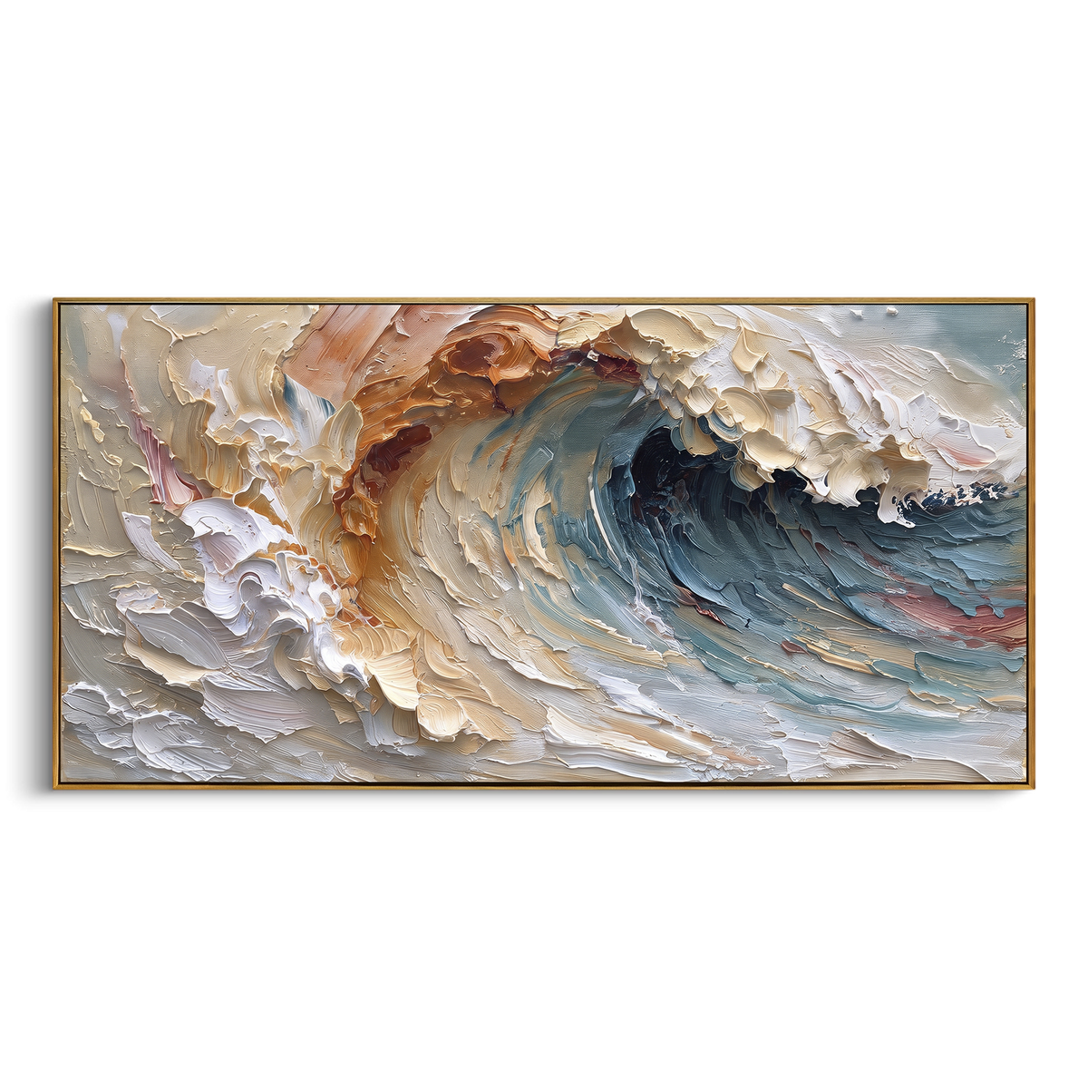 Pastel Curling Ocean Wave focuses on this hand-painted textured canvas features layered water movement, raised seafoam ridges, shoreline texture, and coastal color depth. The composition is described from the actual main image, so the visible subject, color balance, spacing, and surface movement stay specific to this product instead of reading like a batch title. Raised palette-knife layers, sculpted impasto ridges, softened brush transitions, and tactile handmade texture give the canvas