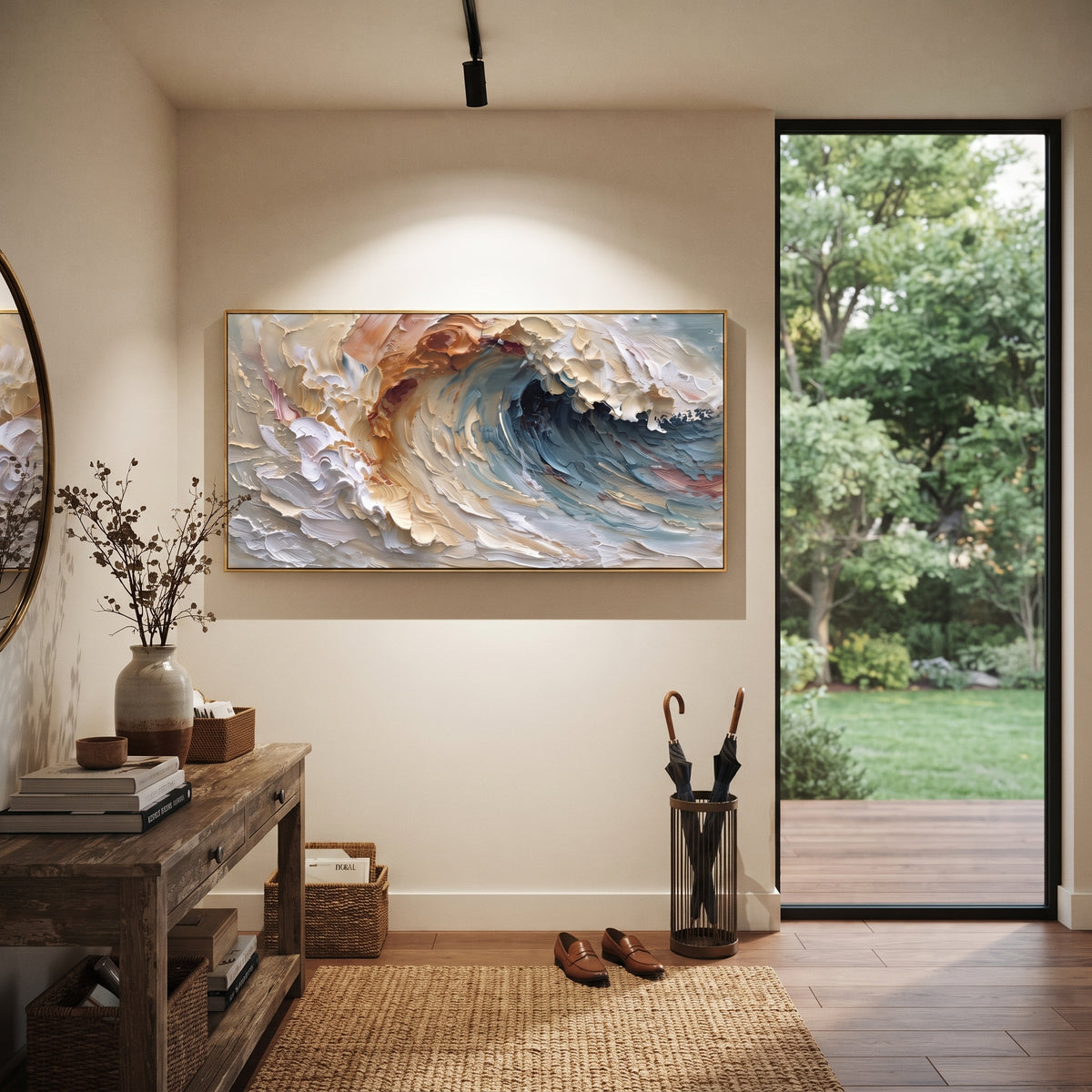 Pastel Curling Ocean Wave focuses on this hand-painted textured canvas features layered water movement, raised seafoam ridges, shoreline texture, and coastal color depth. The composition is described from the actual main image, so the visible subject, color balance, spacing, and surface movement stay specific to this product instead of reading like a batch title. Raised palette-knife layers, sculpted impasto ridges, softened brush transitions, and tactile handmade texture give the canvas