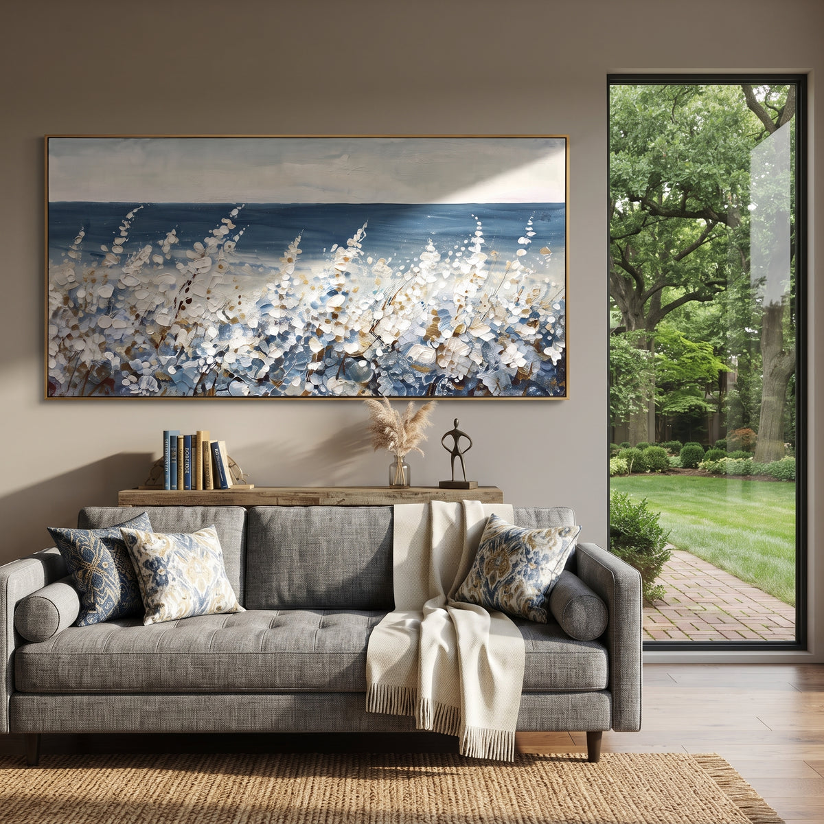 Sea Daisies Horizon focuses on this hand-painted textured canvas features layered water movement, raised seafoam ridges, shoreline texture, and coastal color depth. The composition is described from the actual main image, so the visible subject, color balance, spacing, and surface movement stay specific to this product instead of reading like a batch title. Raised palette-knife layers, sculpted impasto ridges, softened brush transitions, and tactile handmade texture give the canvas dimensional