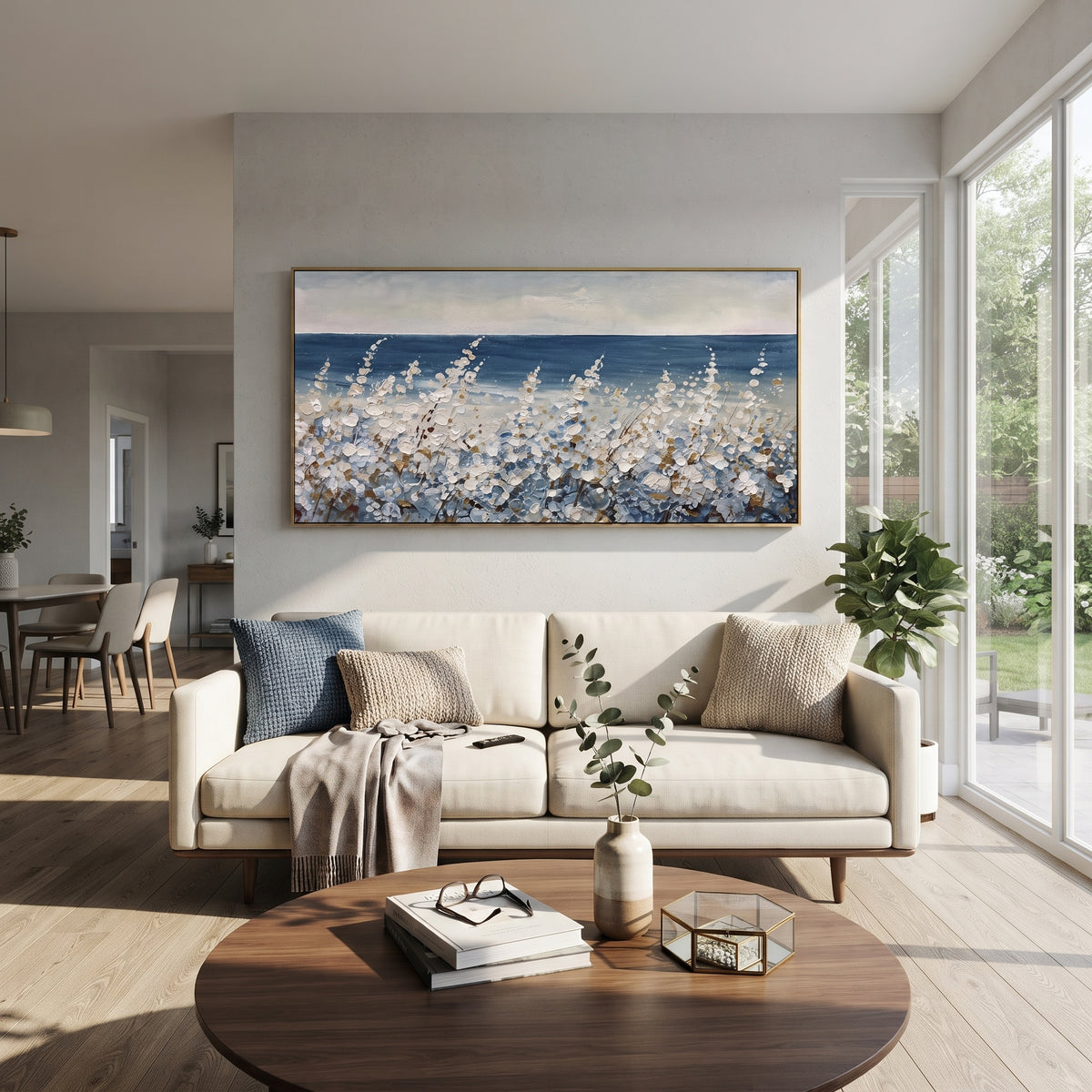 Sea Daisies Horizon focuses on this hand-painted textured canvas features layered water movement, raised seafoam ridges, shoreline texture, and coastal color depth. The composition is described from the actual main image, so the visible subject, color balance, spacing, and surface movement stay specific to this product instead of reading like a batch title. Raised palette-knife layers, sculpted impasto ridges, softened brush transitions, and tactile handmade texture give the canvas dimensional