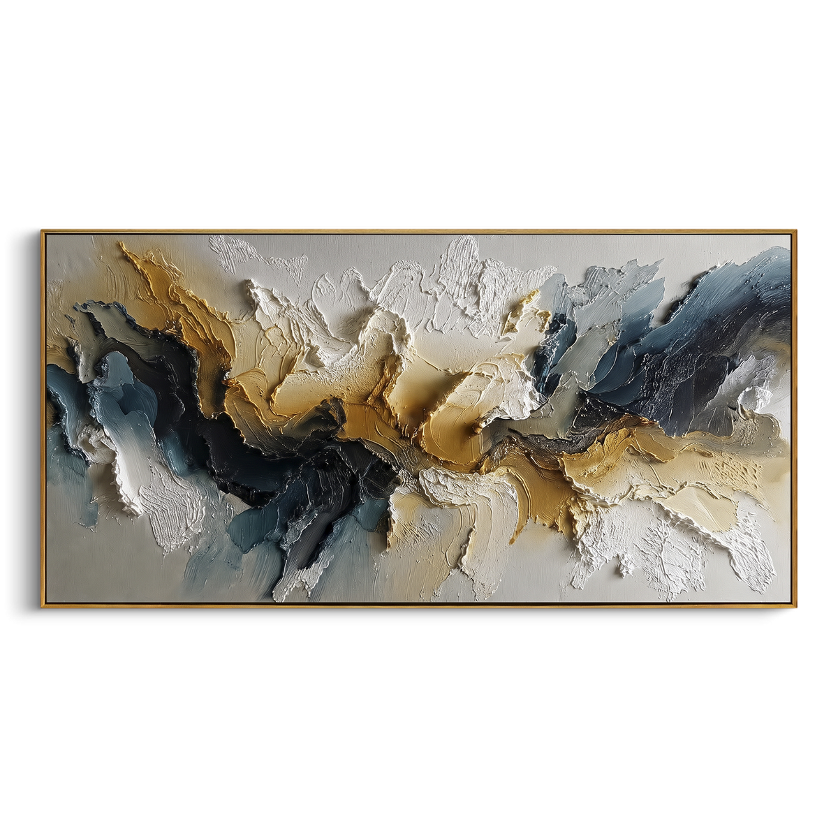 Black Gold Abstract Ridge Relief focuses on this hand-painted textured canvas features layered landforms, mineral color transitions, raised terrain ridges, and atmospheric depth. The composition is described from the actual main image, so the visible subject, color balance, spacing, and surface movement stay specific to this product instead of reading like a batch title. Raised palette-knife layers, sculpted impasto ridges, softened brush transitions, and tactile handmade texture give the canvas