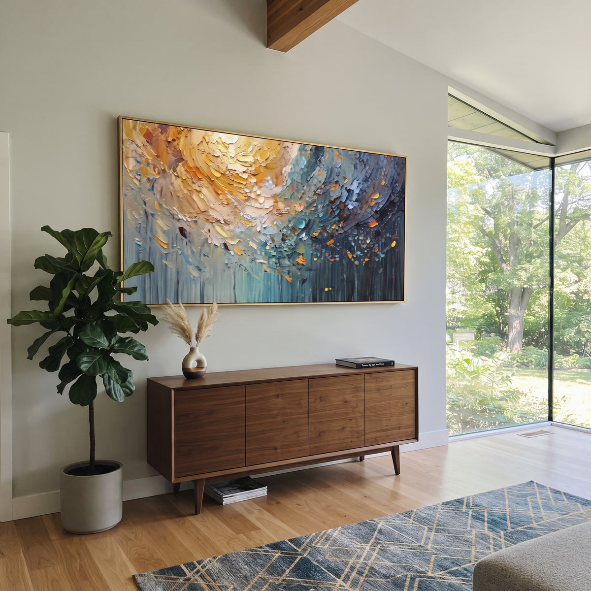 Golden Blue Abstract Canopy focuses on this hand-painted textured canvas features abstract forms, carved edges, layered plaster surfaces, and measured geometric movement. The composition is described from the actual main image, so the visible subject, color balance, spacing, and surface movement stay specific to this product instead of reading like a batch title. Raised palette-knife layers, sculpted impasto ridges, softened brush transitions, and tactile handmade texture give the canvas