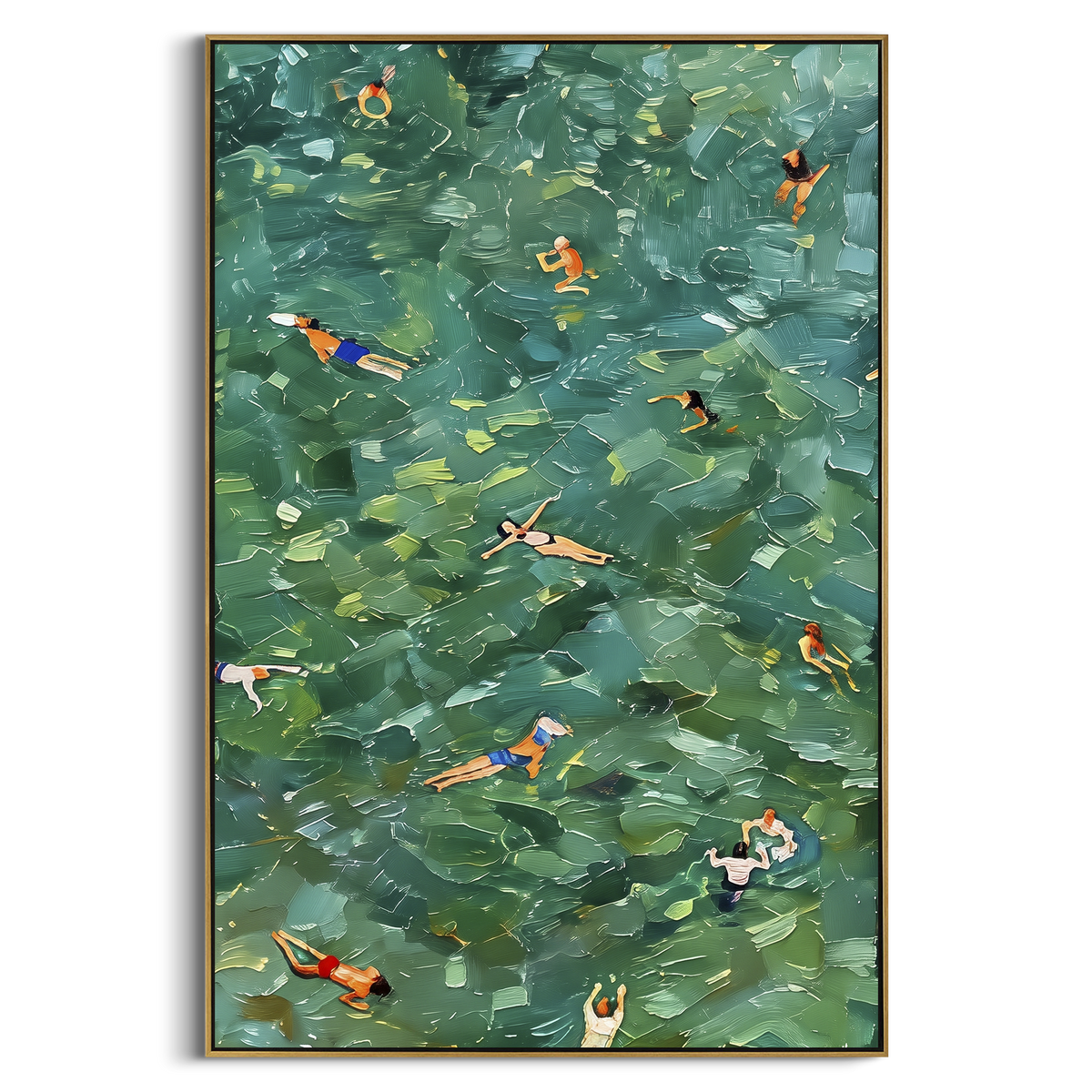 Green Swimmers Pool focuses on this hand-painted textured canvas features layered water movement, raised seafoam ridges, shoreline texture, and coastal color depth. The composition is described from the actual main image, so the visible subject, color balance, spacing, and surface movement stay specific to this product instead of reading like a batch title. Raised palette-knife layers, sculpted impasto ridges, softened brush transitions, and tactile handmade texture give the canvas dimensional