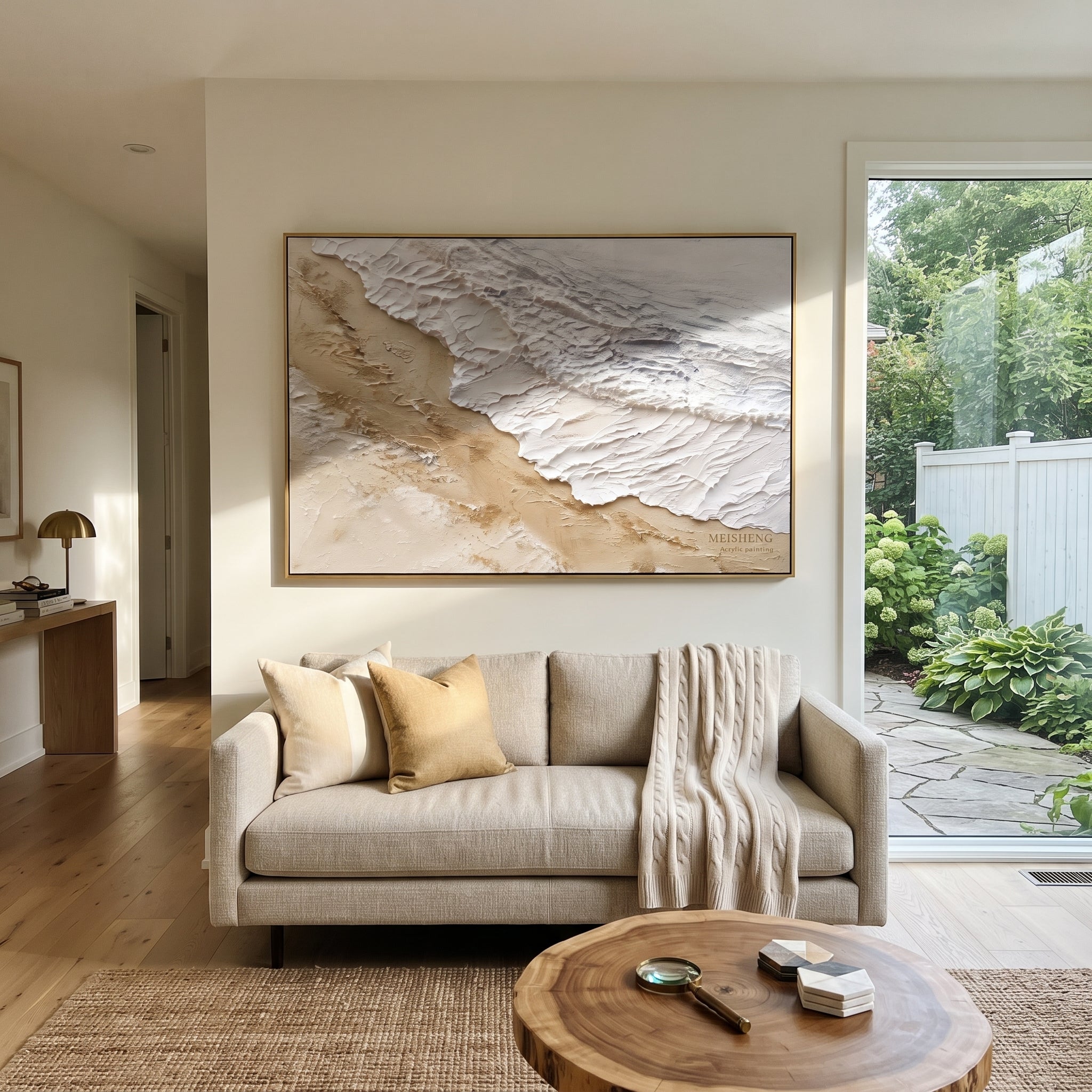 White Sand Wave Relief focuses on this hand-painted textured canvas features layered water movement, raised seafoam ridges, shoreline texture, and coastal color depth. The composition is described from the actual main image, so the visible subject, color balance, spacing, and surface movement stay specific to this product instead of reading like a batch title. Raised palette-knife layers, sculpted impasto ridges, softened brush transitions, and tactile handmade texture give the canvas