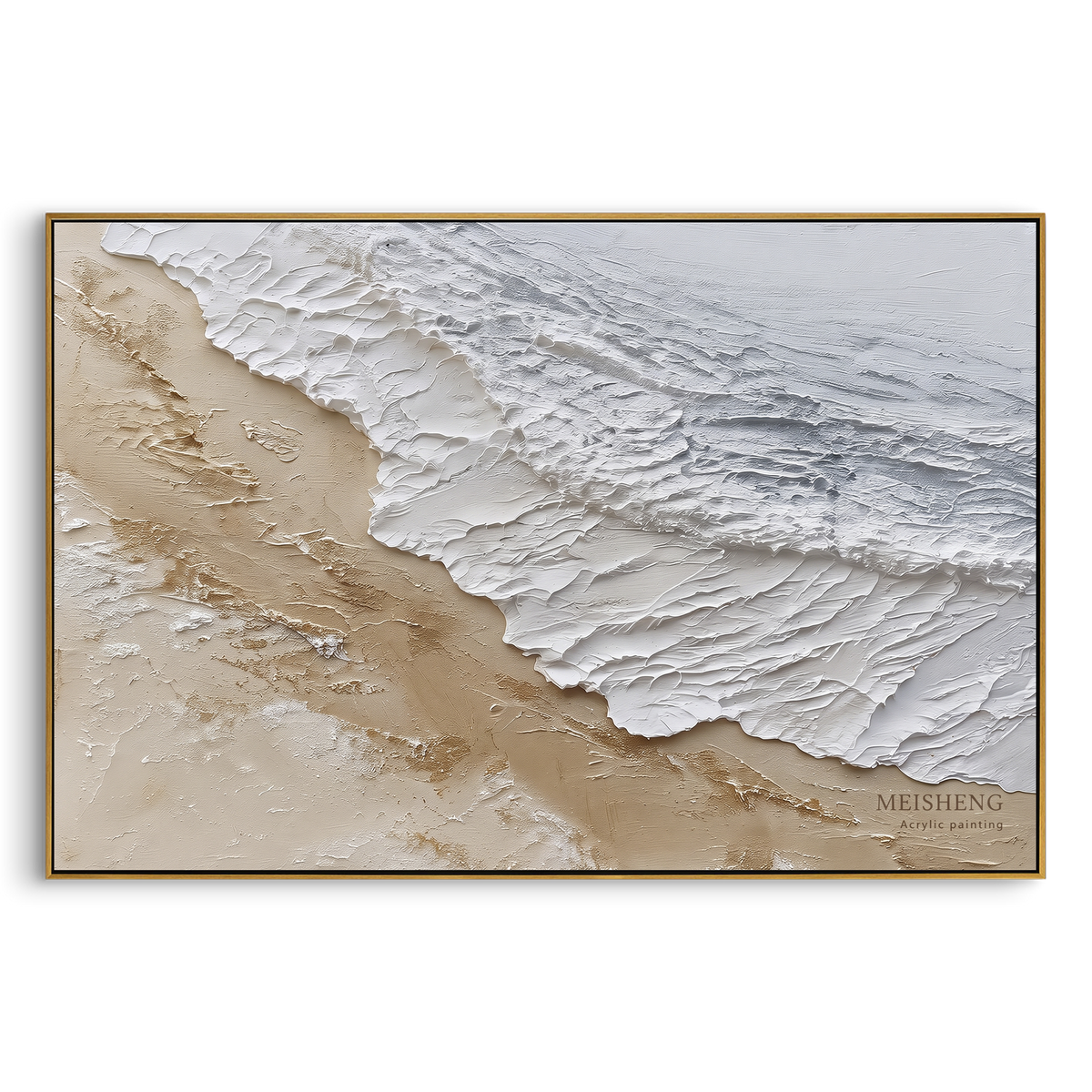 White Sand Wave Relief focuses on this hand-painted textured canvas features layered water movement, raised seafoam ridges, shoreline texture, and coastal color depth. The composition is described from the actual main image, so the visible subject, color balance, spacing, and surface movement stay specific to this product instead of reading like a batch title. Raised palette-knife layers, sculpted impasto ridges, softened brush transitions, and tactile handmade texture give the canvas