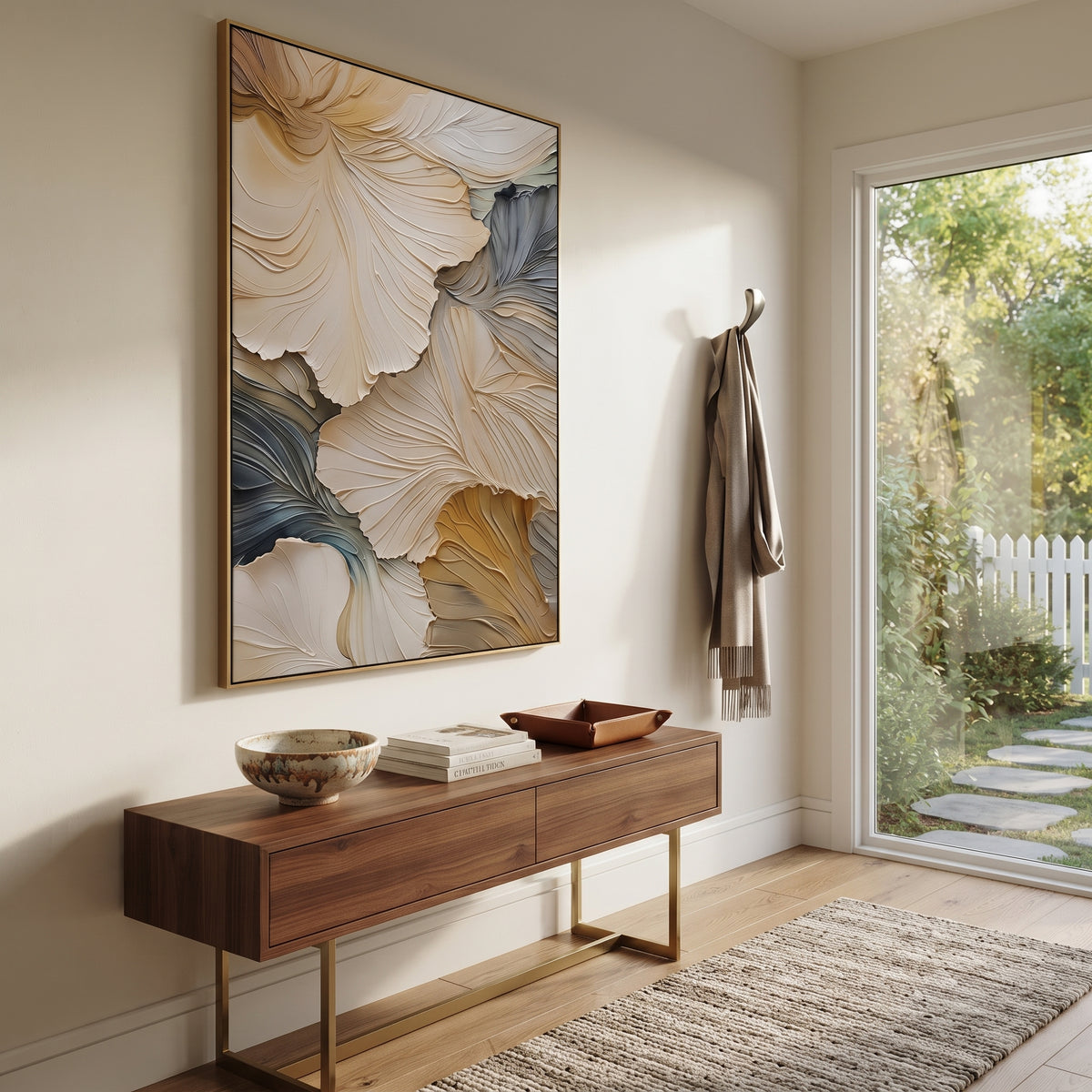 Cream Blue Ginkgo Leaf Relief focuses on this hand-painted textured canvas features sculpted petals, botanical contours, raised floral texture, and soft organic movement. The composition is described from the actual main image, so the visible subject, color balance, spacing, and surface movement stay specific to this product instead of reading like a batch title. Raised palette-knife layers, sculpted impasto ridges, softened brush transitions, and tactile handmade texture give the canvas