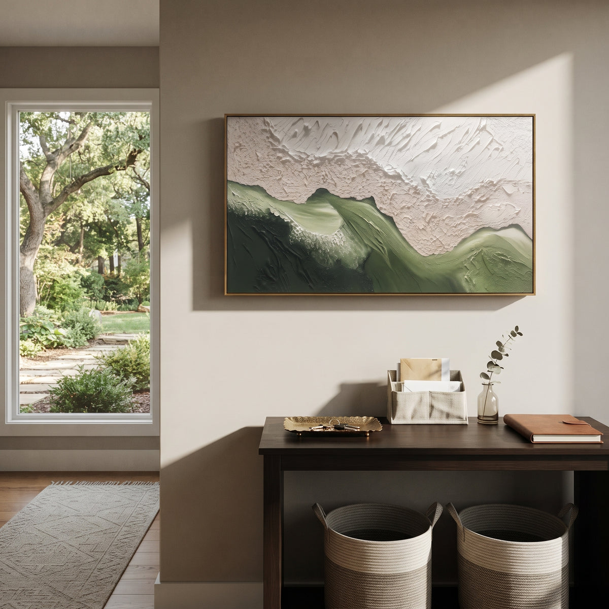 Green Mountain Crest Relief focuses on this hand-painted textured canvas features layered landforms, mineral color transitions, raised terrain ridges, and atmospheric depth. The composition is described from the actual main image, so the visible subject, color balance, spacing, and surface movement stay specific to this product instead of reading like a batch title. Raised palette-knife layers, sculpted impasto ridges, softened brush transitions, and tactile handmade texture give the canvas