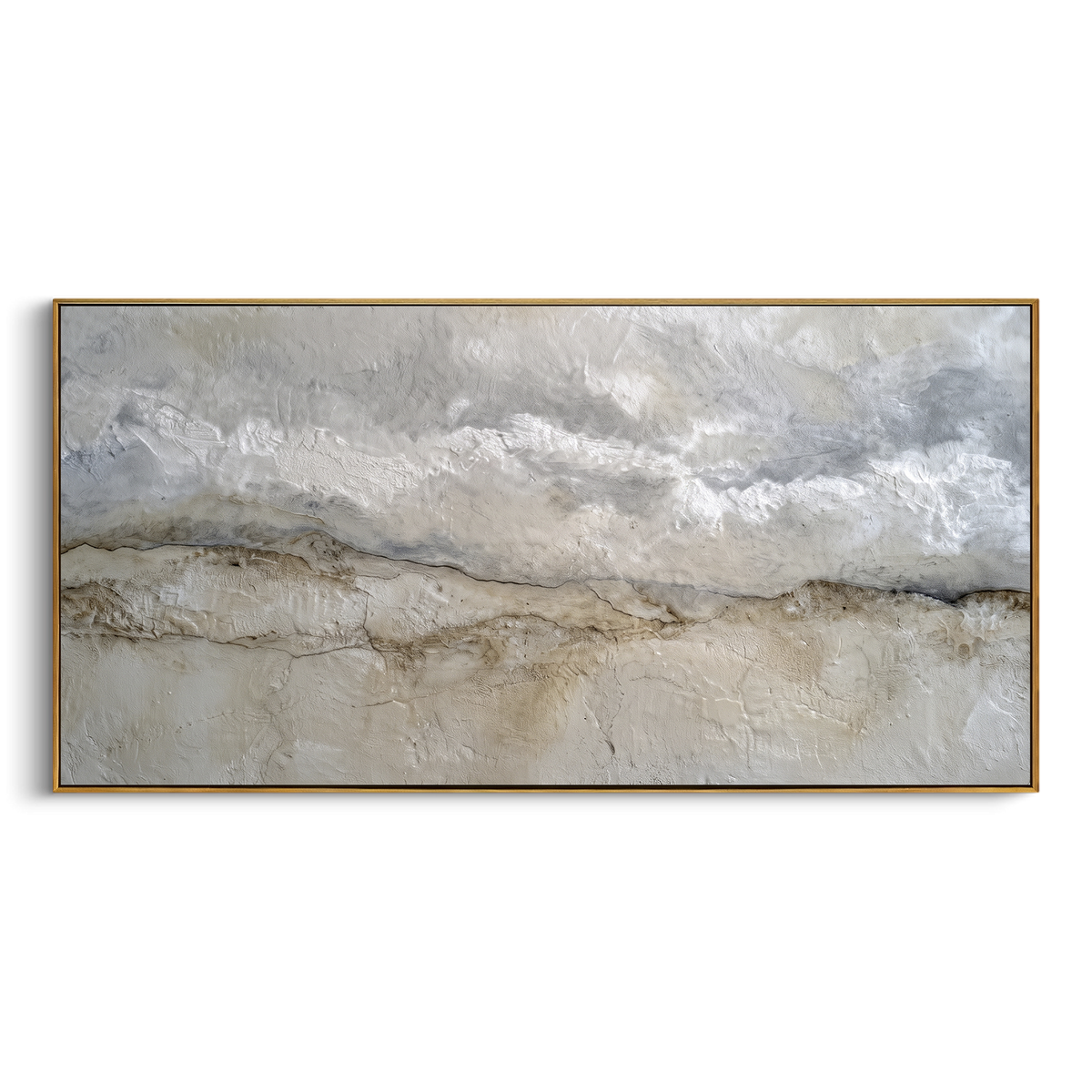 Misty Neutral Coast Relief focuses on this hand-painted textured canvas features layered water movement, raised seafoam ridges, shoreline texture, and coastal color depth. The composition is described from the actual main image, so the visible subject, color balance, spacing, and surface movement stay specific to this product instead of reading like a batch title. Raised palette-knife layers, sculpted impasto ridges, softened brush transitions, and tactile handmade texture give the canvas