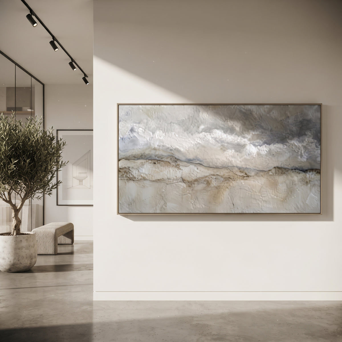 Misty Neutral Coast Relief focuses on this hand-painted textured canvas features layered water movement, raised seafoam ridges, shoreline texture, and coastal color depth. The composition is described from the actual main image, so the visible subject, color balance, spacing, and surface movement stay specific to this product instead of reading like a batch title. Raised palette-knife layers, sculpted impasto ridges, softened brush transitions, and tactile handmade texture give the canvas