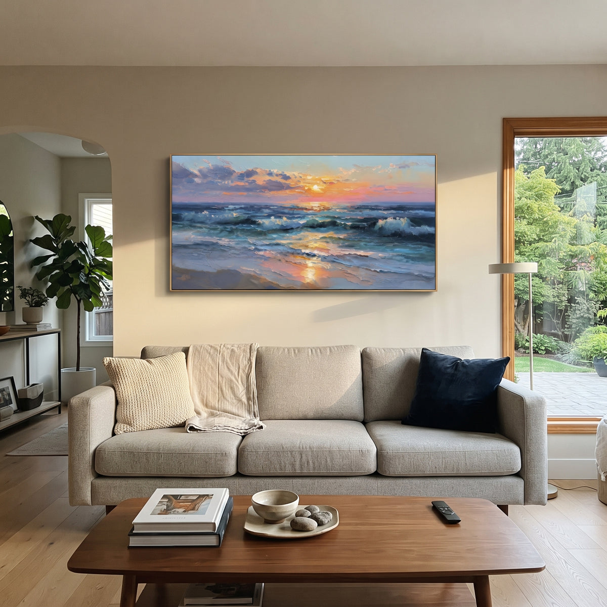 Sunset Ocean Surf focuses on this hand-painted textured canvas features layered water movement, raised seafoam ridges, shoreline texture, and coastal color depth. The composition is described from the actual main image, so the visible subject, color balance, spacing, and surface movement stay specific to this product instead of reading like a batch title. Raised palette-knife layers, sculpted impasto ridges, softened brush transitions, and tactile handmade texture give the canvas dimensional