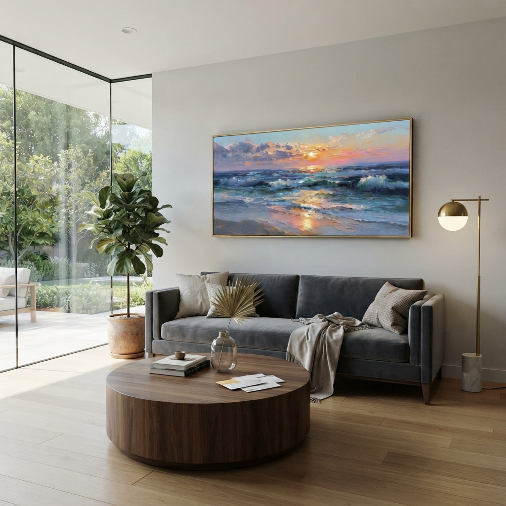 Sunset Ocean Surf focuses on this hand-painted textured canvas features layered water movement, raised seafoam ridges, shoreline texture, and coastal color depth. The composition is described from the actual main image, so the visible subject, color balance, spacing, and surface movement stay specific to this product instead of reading like a batch title. Raised palette-knife layers, sculpted impasto ridges, softened brush transitions, and tactile handmade texture give the canvas dimensional