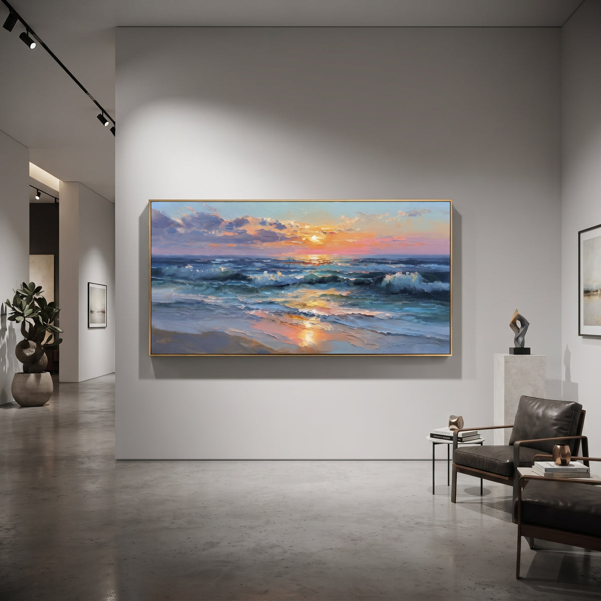 Sunset Ocean Surf focuses on this hand-painted textured canvas features layered water movement, raised seafoam ridges, shoreline texture, and coastal color depth. The composition is described from the actual main image, so the visible subject, color balance, spacing, and surface movement stay specific to this product instead of reading like a batch title. Raised palette-knife layers, sculpted impasto ridges, softened brush transitions, and tactile handmade texture give the canvas dimensional