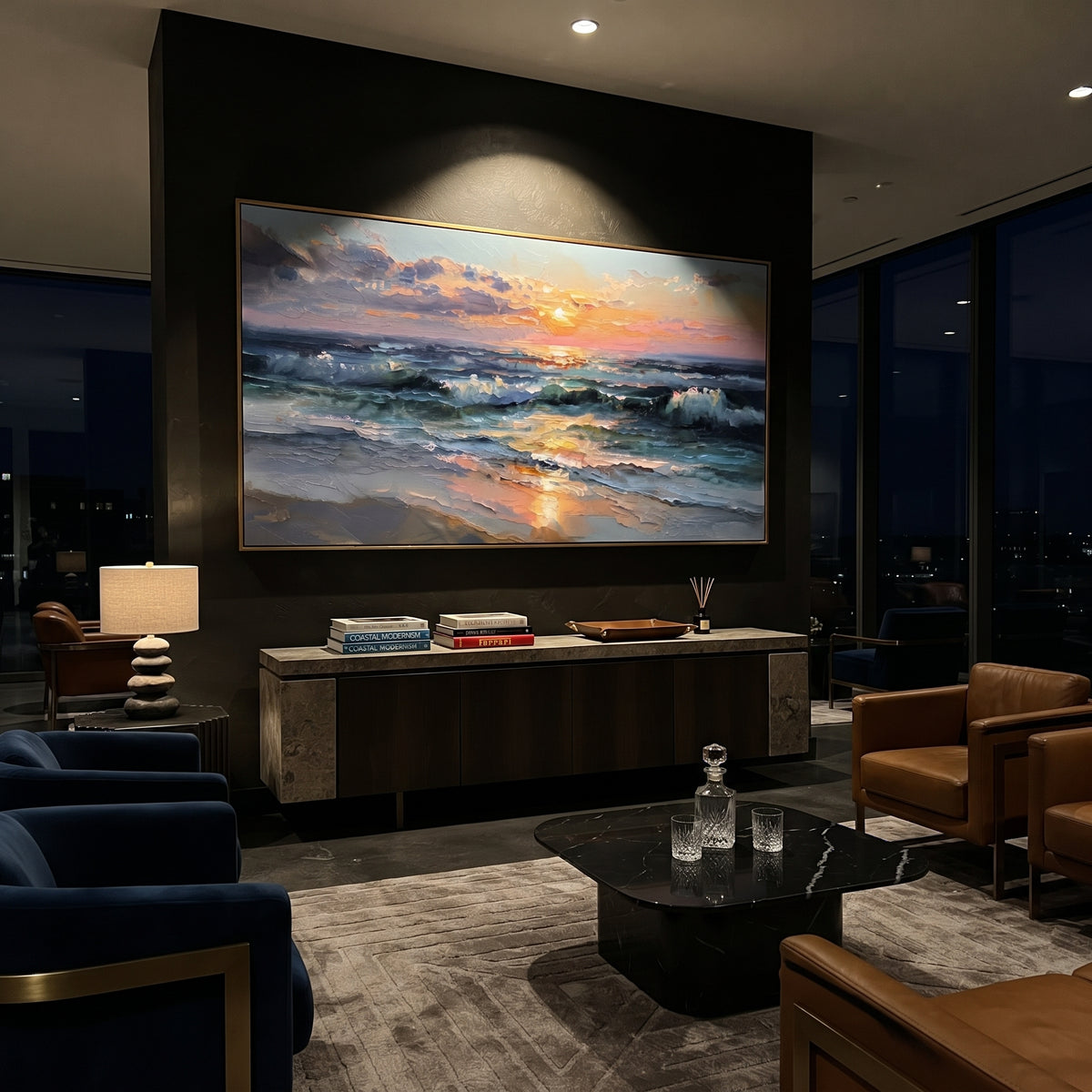 Sunset Ocean Surf focuses on this hand-painted textured canvas features layered water movement, raised seafoam ridges, shoreline texture, and coastal color depth. The composition is described from the actual main image, so the visible subject, color balance, spacing, and surface movement stay specific to this product instead of reading like a batch title. Raised palette-knife layers, sculpted impasto ridges, softened brush transitions, and tactile handmade texture give the canvas dimensional