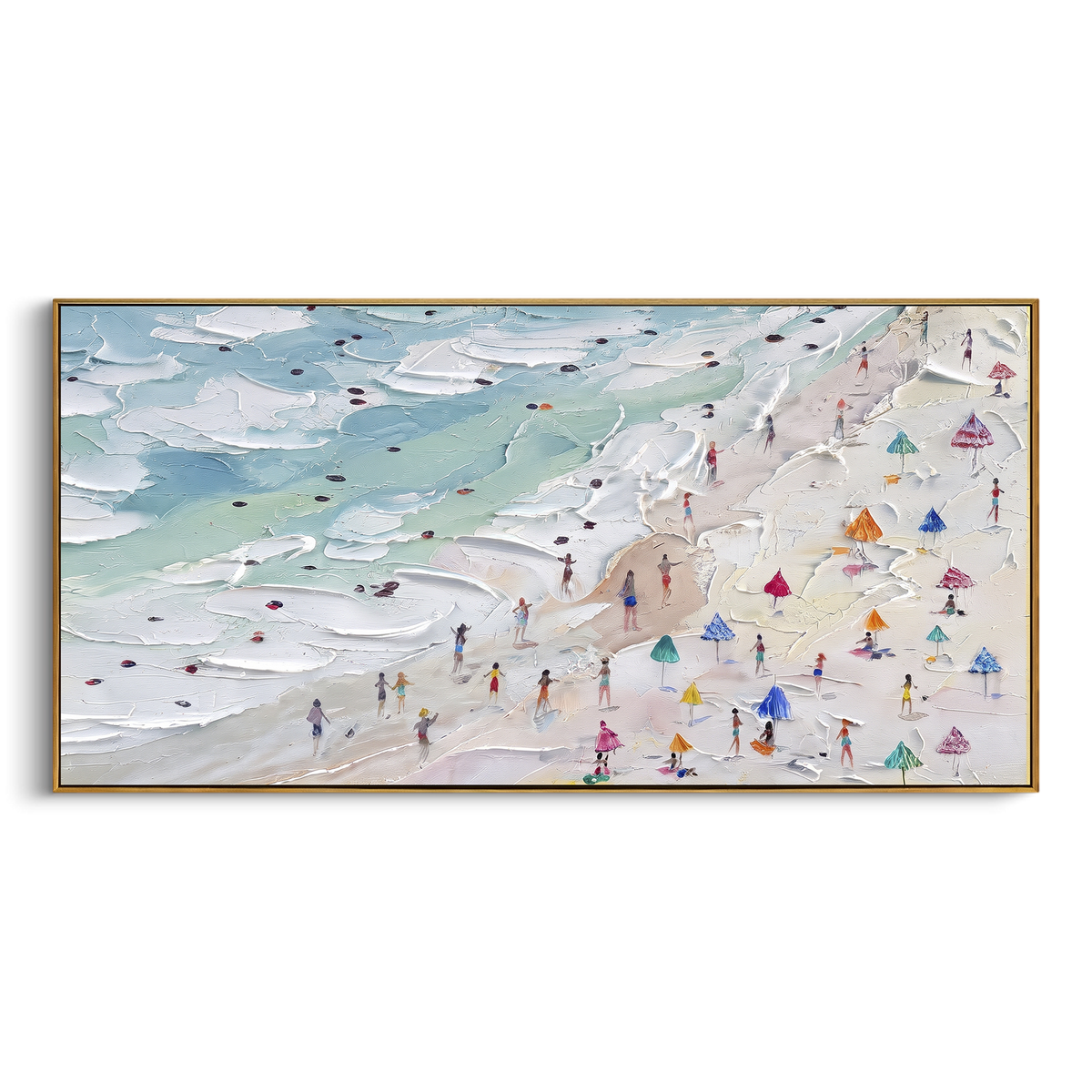 Aerial Beach Umbrella Crowd focuses on this hand-painted textured canvas features layered water movement, raised seafoam ridges, shoreline texture, and coastal color depth. The composition is described from the actual main image, so the visible subject, color balance, spacing, and surface movement stay specific to this product instead of reading like a batch title. Raised palette-knife layers, sculpted impasto ridges, softened brush transitions, and tactile handmade texture give the canvas