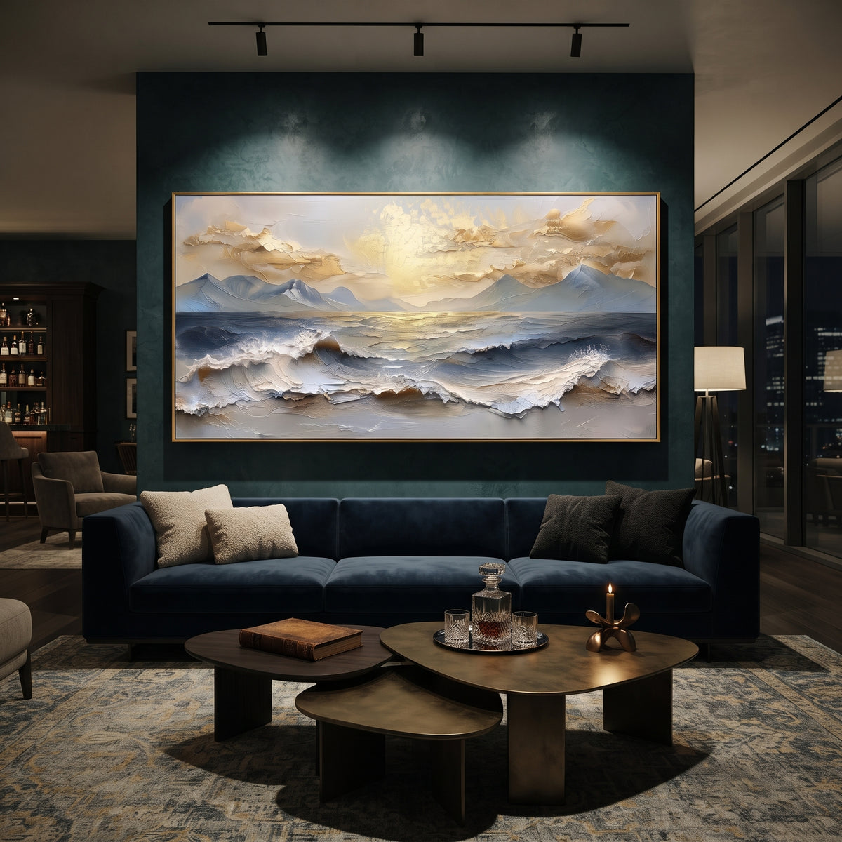 Golden Sunrise Ocean Wave focuses on this hand-painted textured canvas features layered water movement, raised seafoam ridges, shoreline texture, and coastal color depth. The composition is described from the actual main image, so the visible subject, color balance, spacing, and surface movement stay specific to this product instead of reading like a batch title. Raised palette-knife layers, sculpted impasto ridges, softened brush transitions, and tactile handmade texture give the canvas