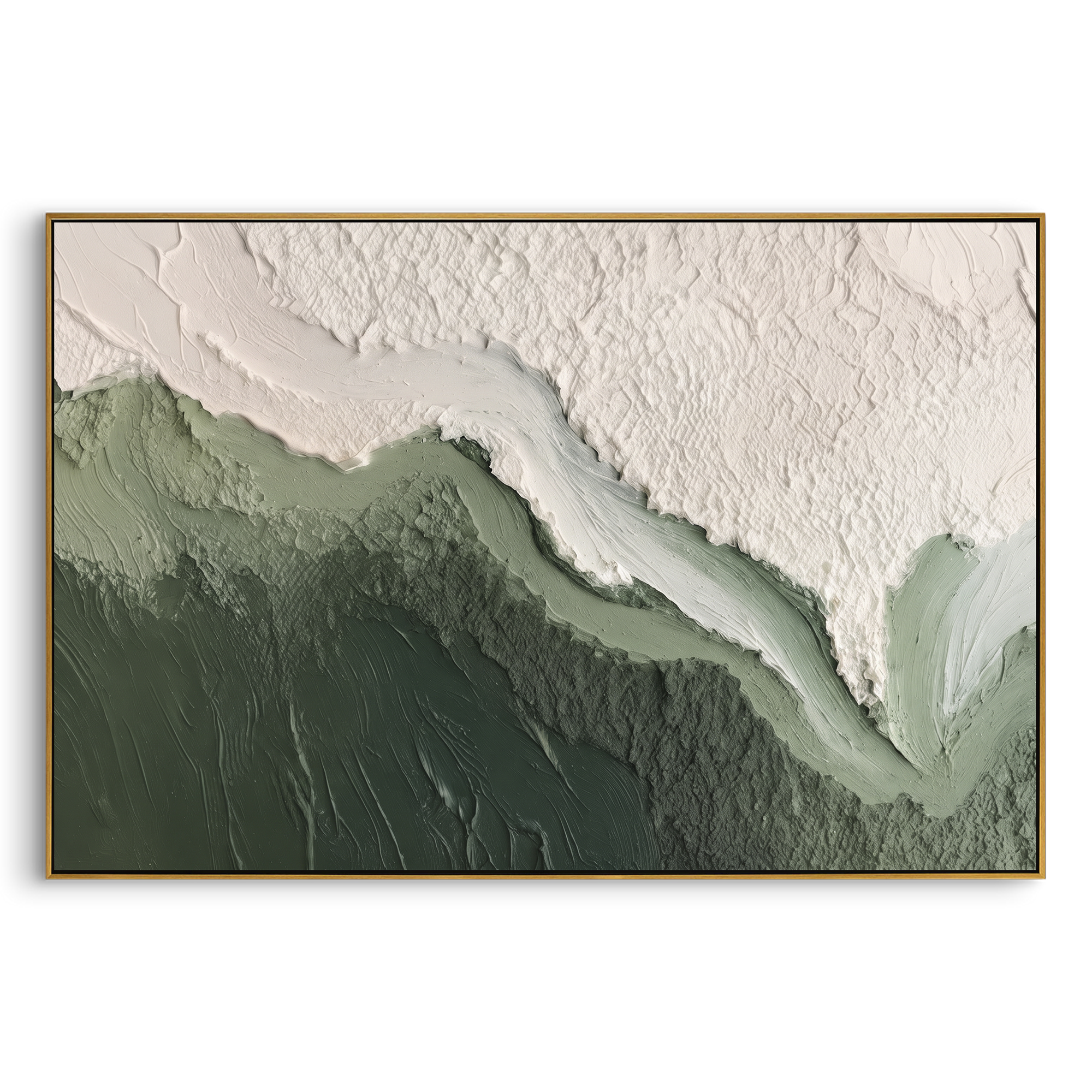 Green White Mountain Wave Relief focuses on this hand-painted textured canvas features layered water movement, raised seafoam ridges, shoreline texture, and coastal color depth. The composition is described from the actual main image, so the visible subject, color balance, spacing, and surface movement stay specific to this product instead of reading like a batch title. Raised palette-knife layers, sculpted impasto ridges, softened brush transitions, and tactile handmade texture give the canvas