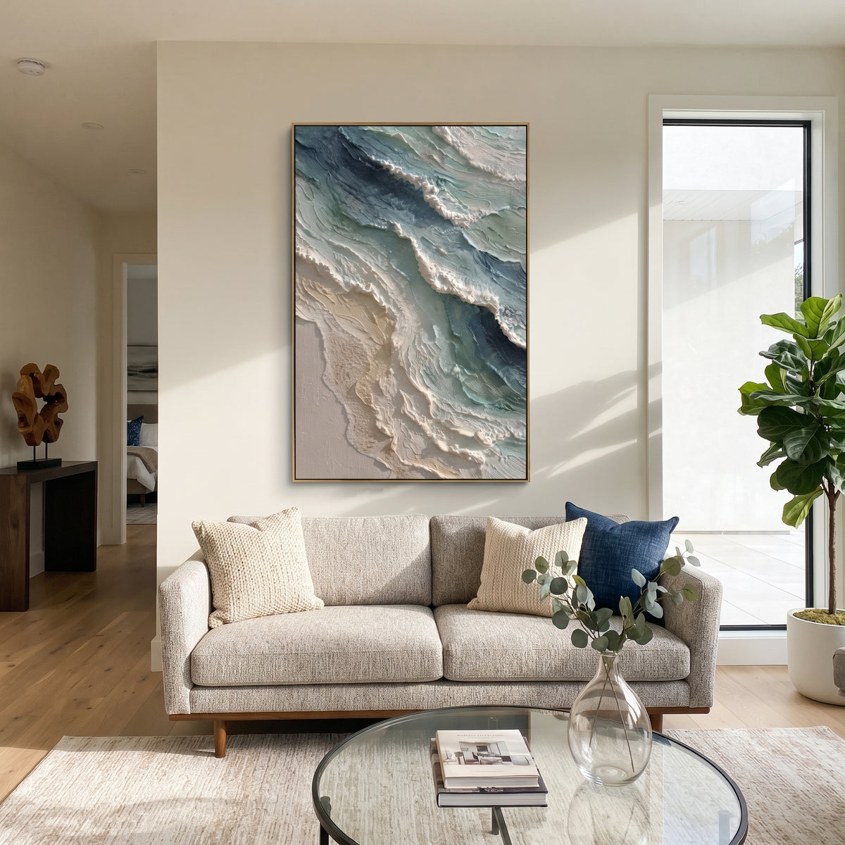 Turquoise Aerial Shoreline Relief focuses on this hand-painted textured canvas features layered water movement, raised seafoam ridges, shoreline texture, and coastal color depth. The title and description are matched to the actual main image, so the visible subject, color balance, spacing, and surface movement stay specific to this product instead of using a repeated batch phrase. Raised palette-knife layers, sculpted impasto ridges, softened brush transitions, and tactile handmade texture give