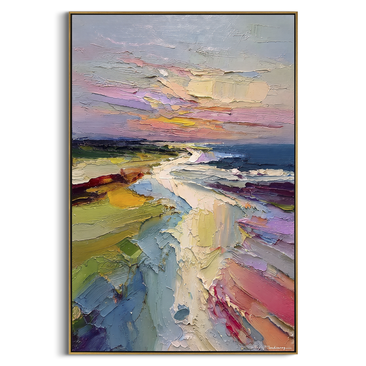 Colorful Coastal Sunset Path focuses on this hand-painted textured canvas features layered water movement, raised seafoam ridges, shoreline texture, and coastal color depth. The composition is described from the actual main image, so the visible subject, color balance, spacing, and surface movement stay specific to this product instead of reading like a batch title. Raised palette-knife layers, sculpted impasto ridges, softened brush transitions, and tactile handmade texture give the canvas