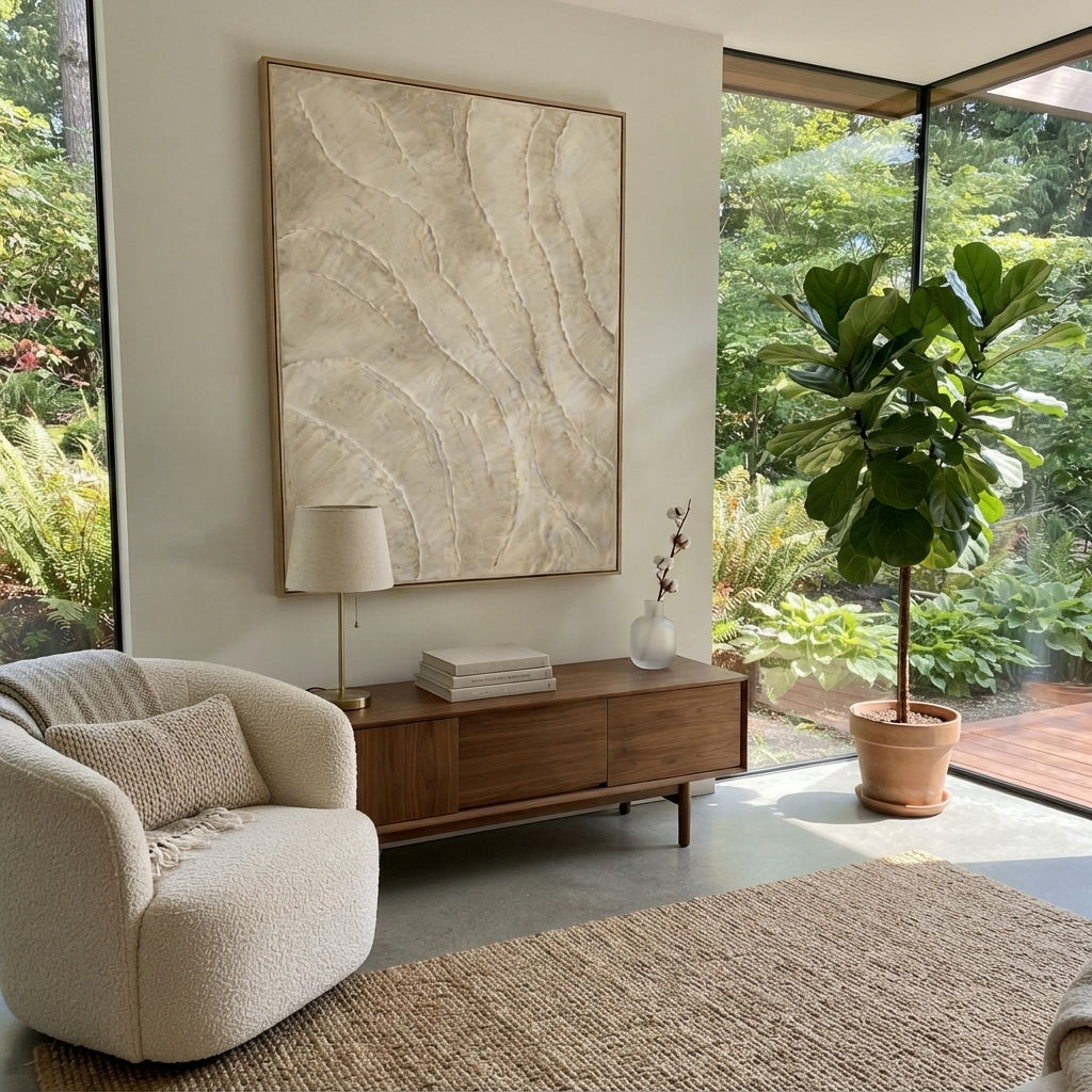 White Feather Texture Relief focuses on this hand-painted textured canvas features abstract forms, carved edges, layered plaster surfaces, and measured geometric movement. The composition is described from the actual main image, so the visible subject, color balance, spacing, and surface movement stay specific to this product instead of reading like a batch title. Raised palette-knife layers, sculpted impasto ridges, softened brush transitions, and tactile handmade texture give the canvas