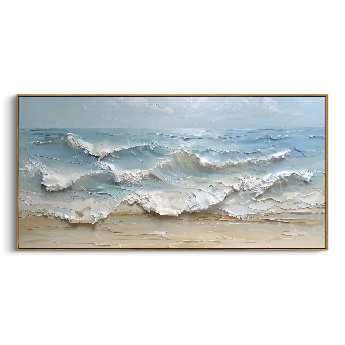 Pale Blue Shore Break Relief focuses on this hand-painted textured canvas features layered water movement, raised seafoam ridges, shoreline texture, and coastal color depth. The composition is described from the actual main image, so the visible subject, color balance, spacing, and surface movement stay specific to this product instead of reading like a batch title. Raised palette-knife layers, sculpted impasto ridges, softened brush transitions, and tactile handmade texture give the canvas